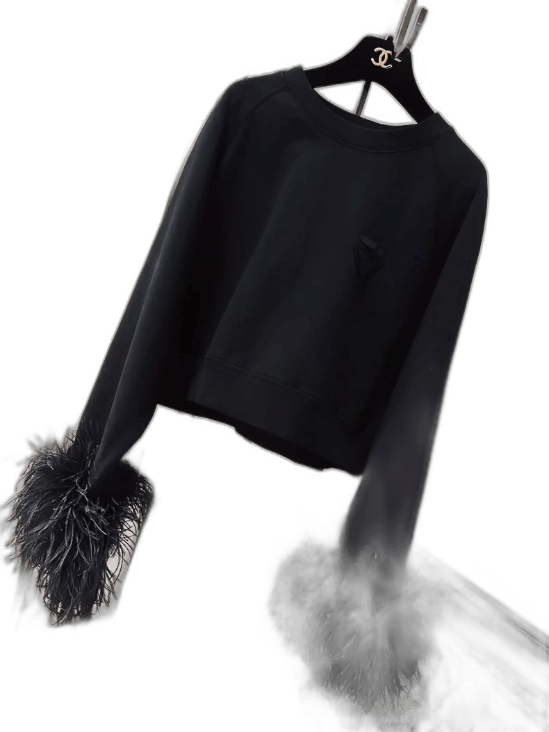 Prada Black Sweatshirt with Ostrich Feather Cuffs-2506 Size L / US 10 / IT 46 - 1 Thumbnail