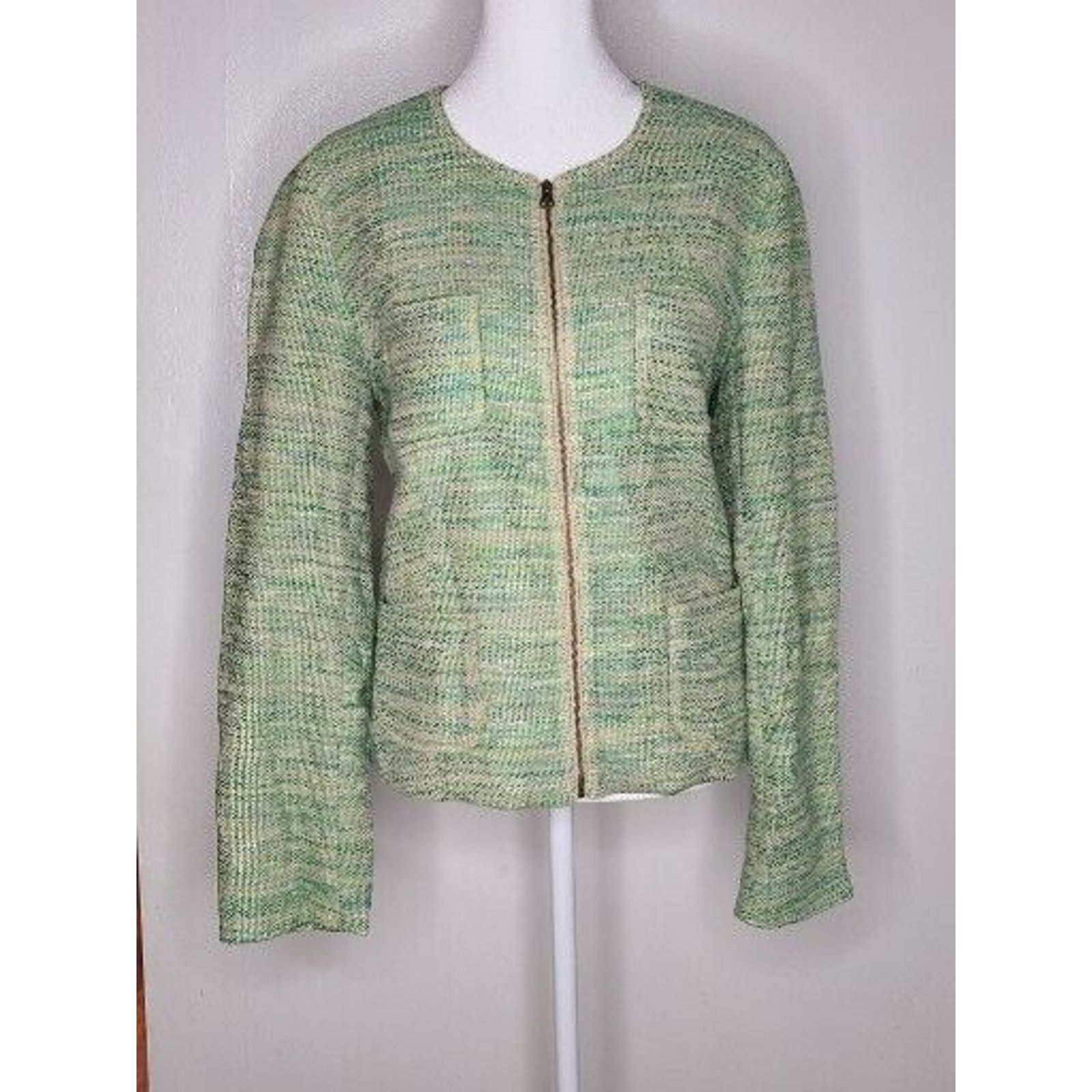 J. Jill J. Jill Women's Blazer No Collar Tweed Zip Jacket Green Size M / US 6-8 / IT 42-44 - 1 Thumbnail