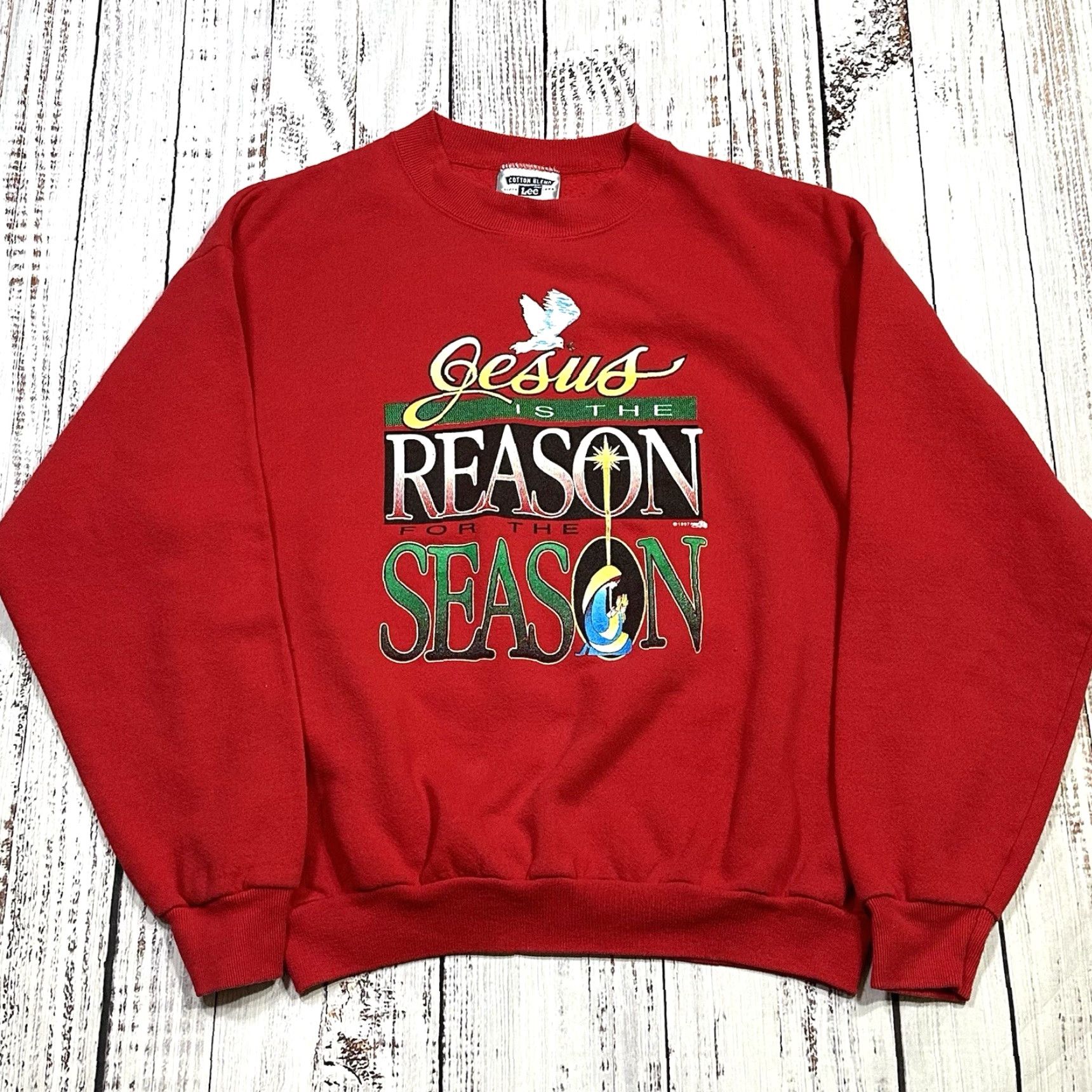 Lee VINTAGE Lee Christmas Jesus Is The Reason Red Cotton Sweater USA Made Sz Large Mens Pullover Knit Long Sleeve Fleece Graphic Print Size US L / EU 52-54 / 3 - 2 Thumbnail