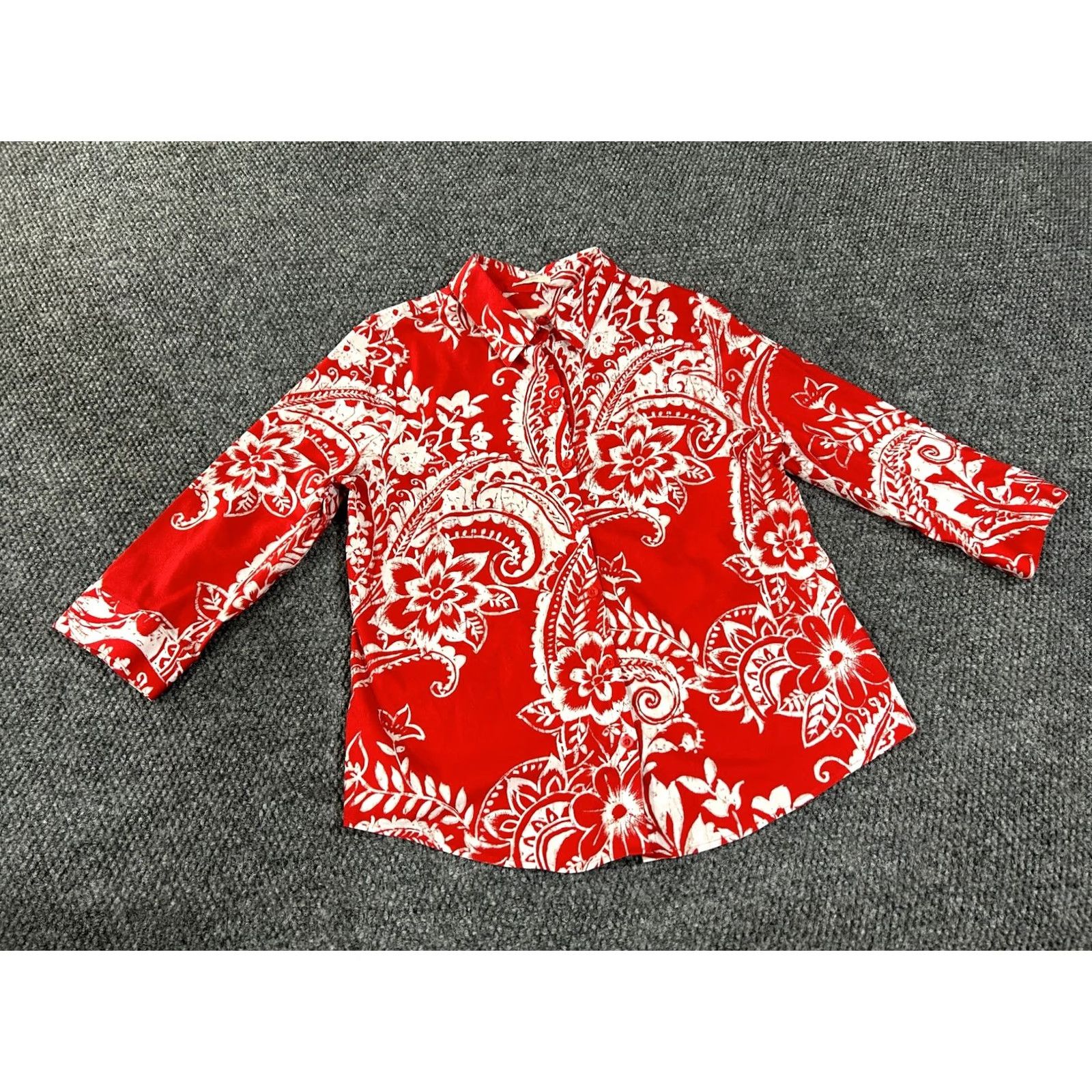 Vintage Chicos Blouse Womens Small Red White Floral Long Sleeve Lightweight Top Stretch Shirt Size S / US 4 / IT 40 - 2 Thumbnail
