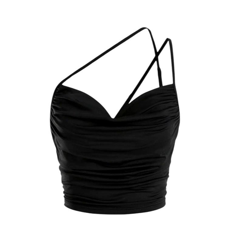 Cider Cider Women's Black Solid Ruched Cowl Neck Crop Tank Top Size S / US 4 / IT 40 - 1 Thumbnail