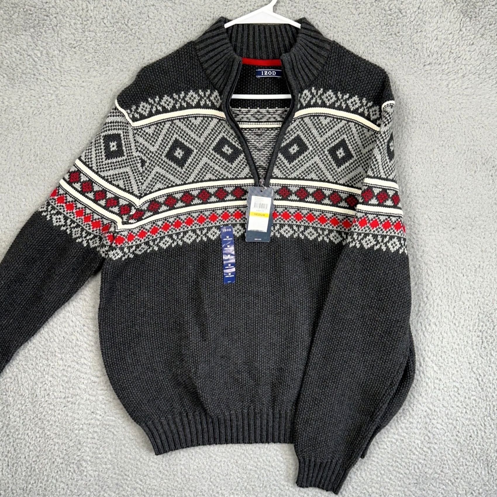 Izod IZOD Sweater Men M Gray Fair Isle 1/4 Zip Mock Neck Pullover Long Sleeve Knit Size US M / EU 48-50 / 2 - 2 Thumbnail