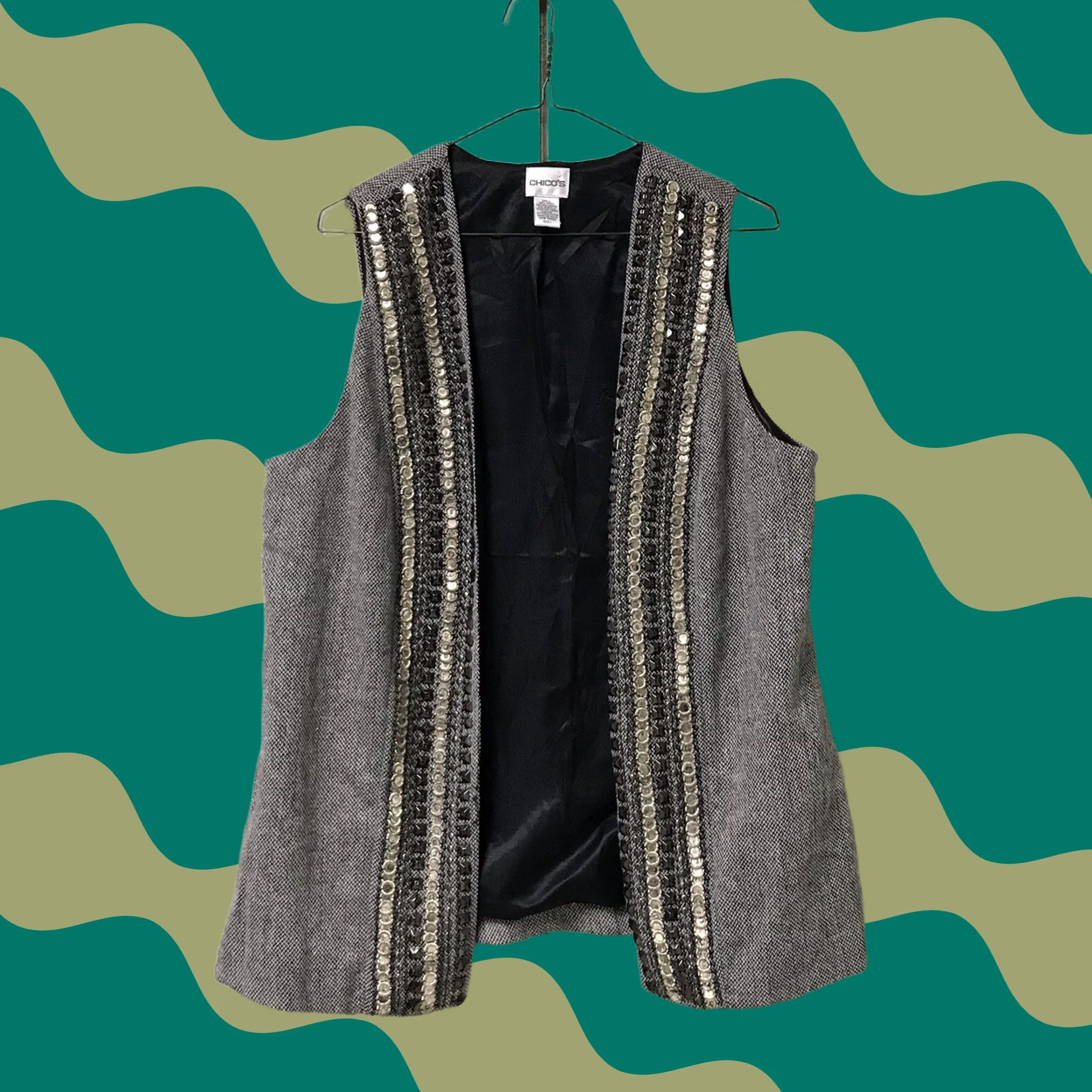 Vintage Chico’s Women Gray Herringbone Tweed Wool Blend Trinket Studded Open Vest Size XS / US 0-2 / IT 36-38 - 1 Thumbnail
