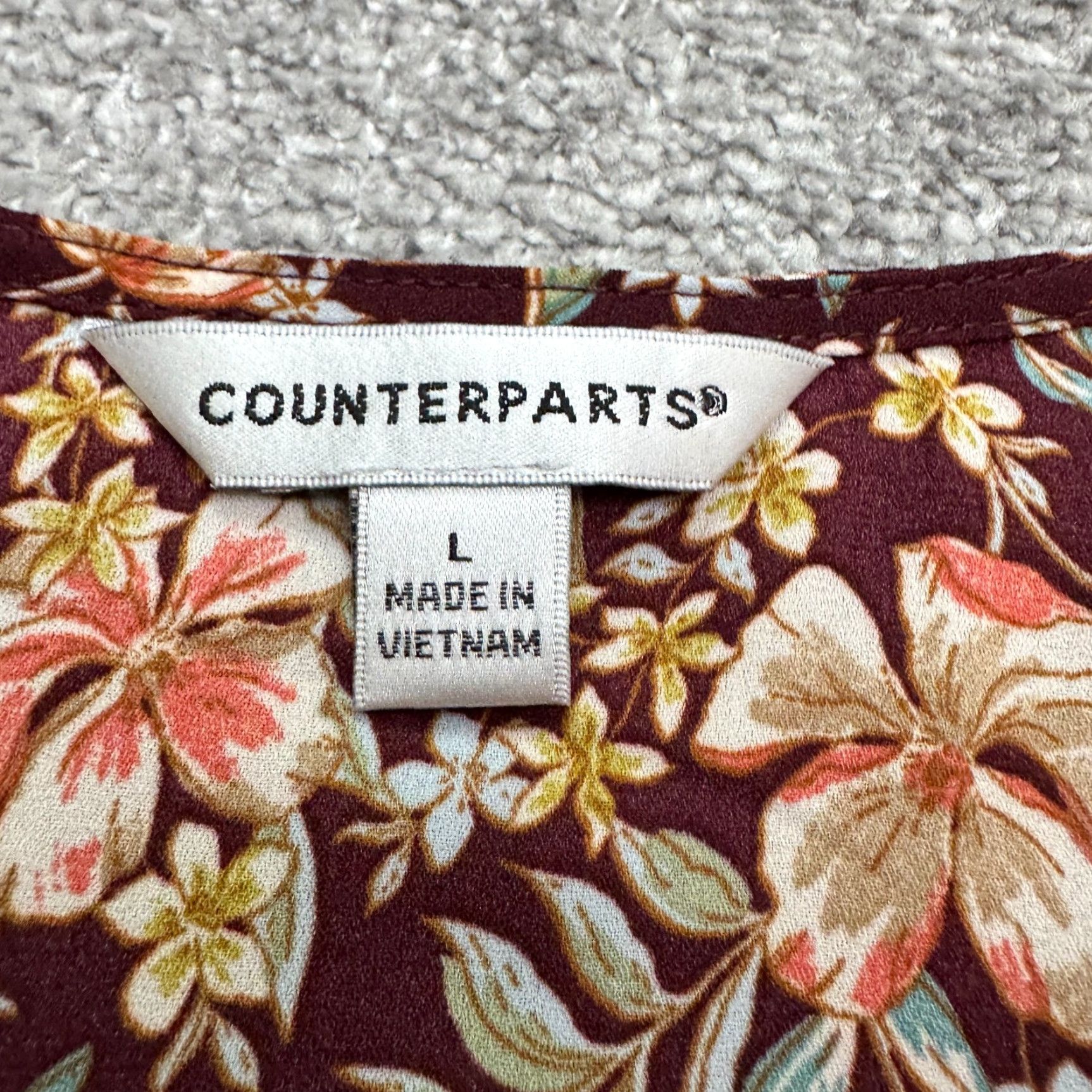 Vintage Counterparts Blouse Womens Large Burgundy Floral Long Sleeve V-Neck Tunic Top Size L / US 10 / IT 46 - 5 Thumbnail