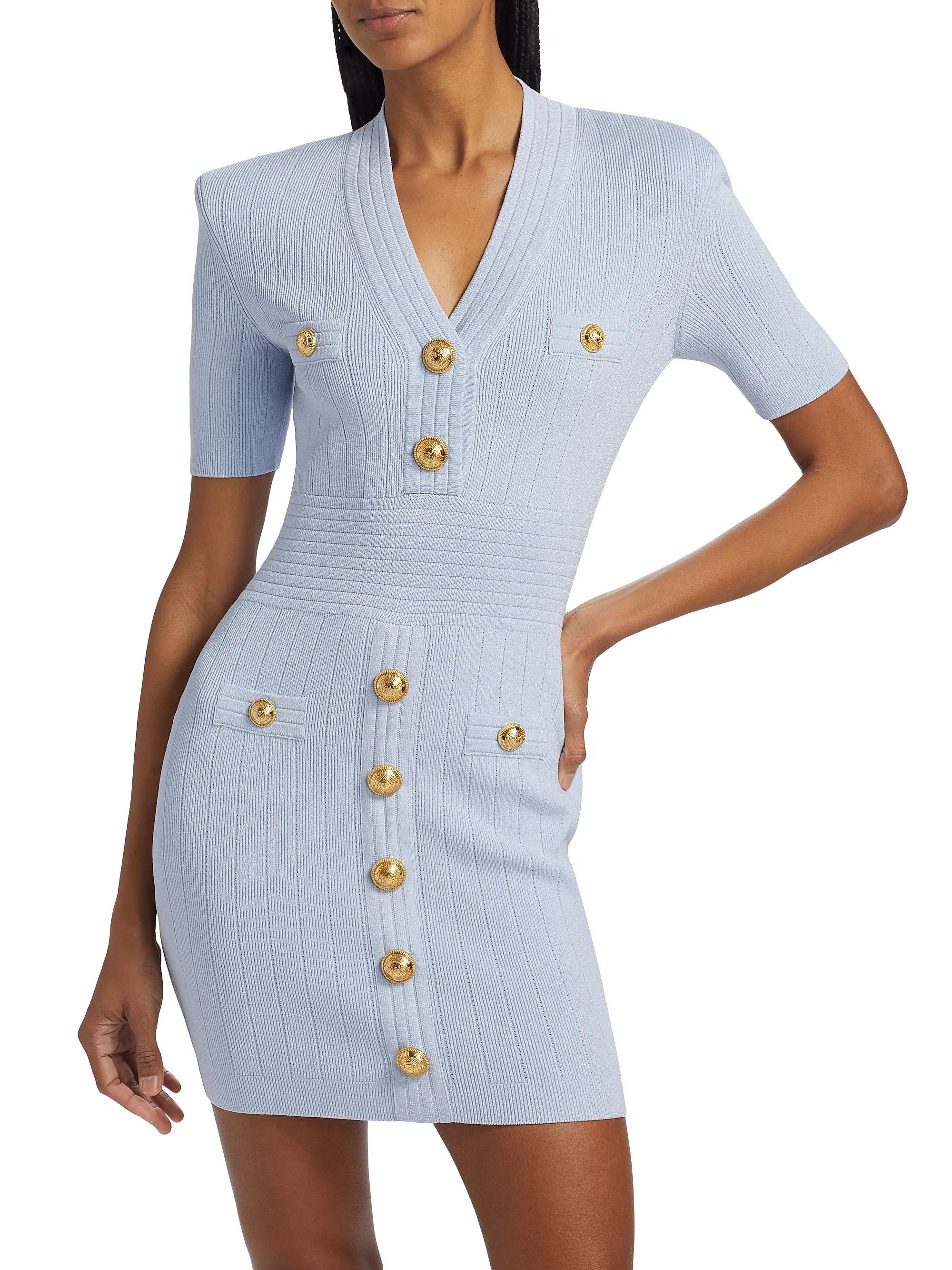 Balmain o1s1wg111225 Button Accented Kinit Mini Dress in Blue Size M / US 6-8 / IT 42-44 - 2 Thumbnail