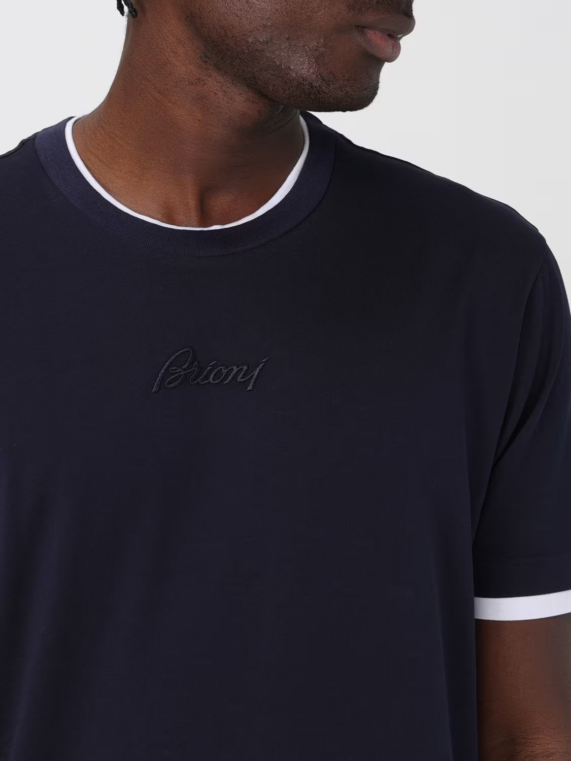 Brioni Brioni Embroidered Logo Cotton T-Shirt Navy Blue Size US L / EU 52-54 / 3 - 1 Thumbnail