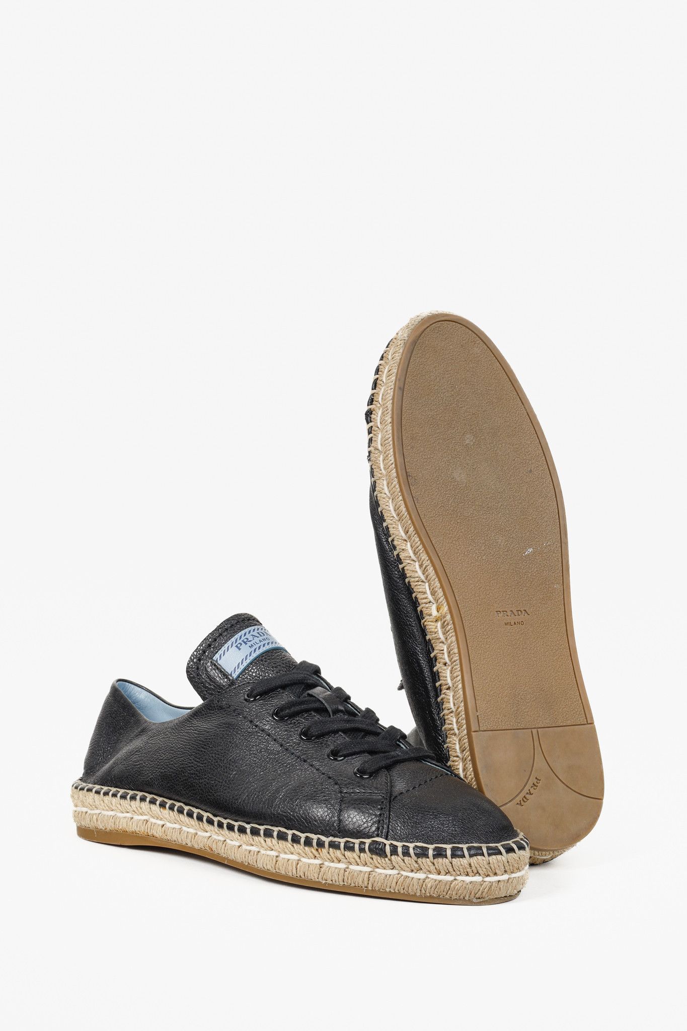 Prada Prada Black Leather Blue Tab Double Jute Platform Espadrille Size US 11 / IT 41 - 4 Thumbnail