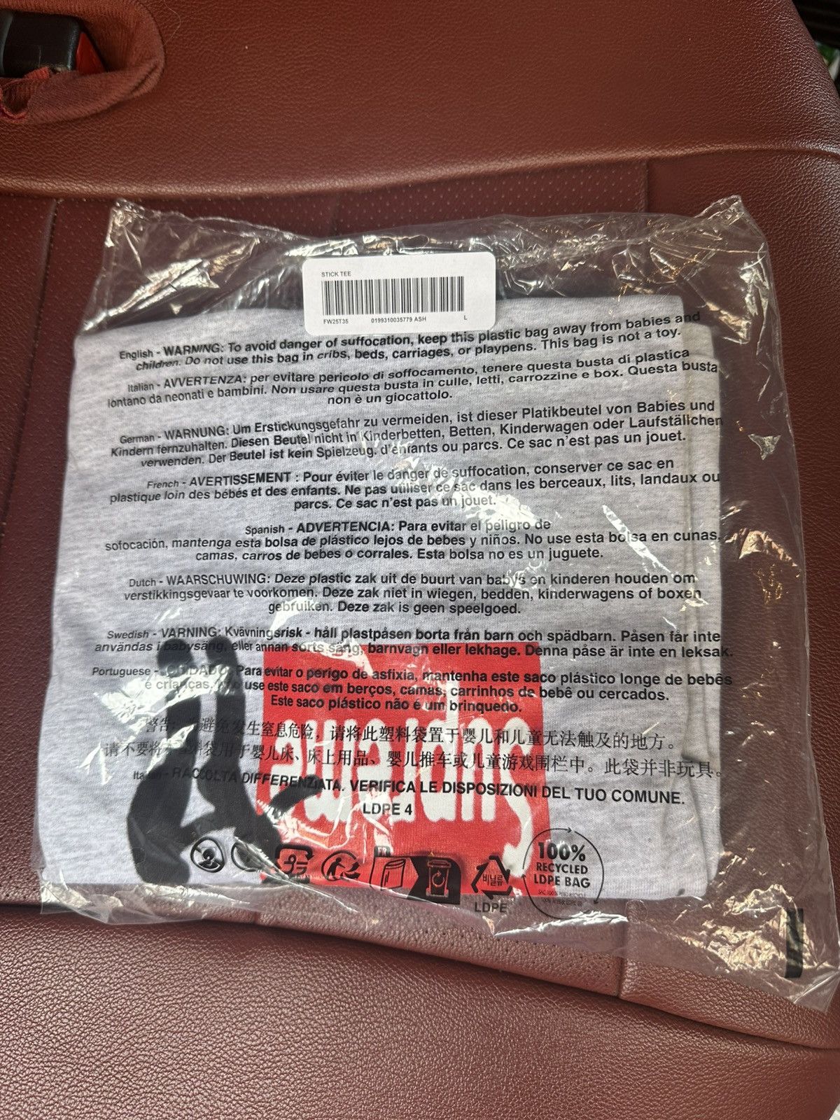 Supreme Stick Tee Ash Grey Size Large