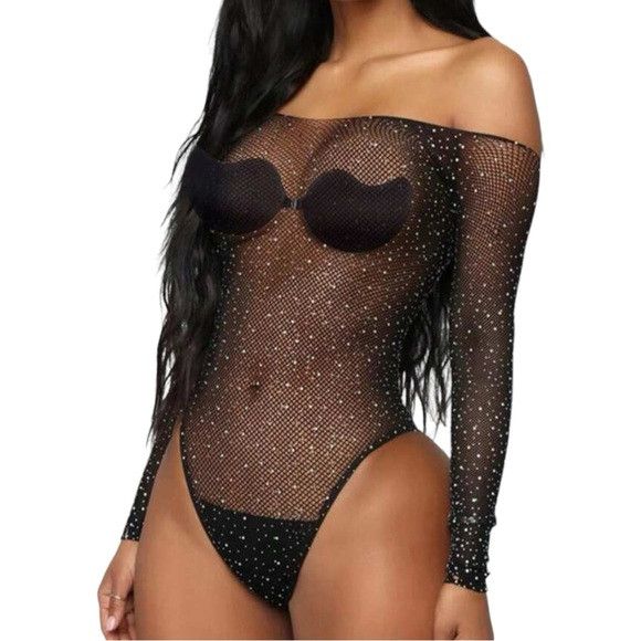 Other Women Black Lingerie Bodysuit Hollow Out Bodystocking Size ONE SIZE - 2 Thumbnail