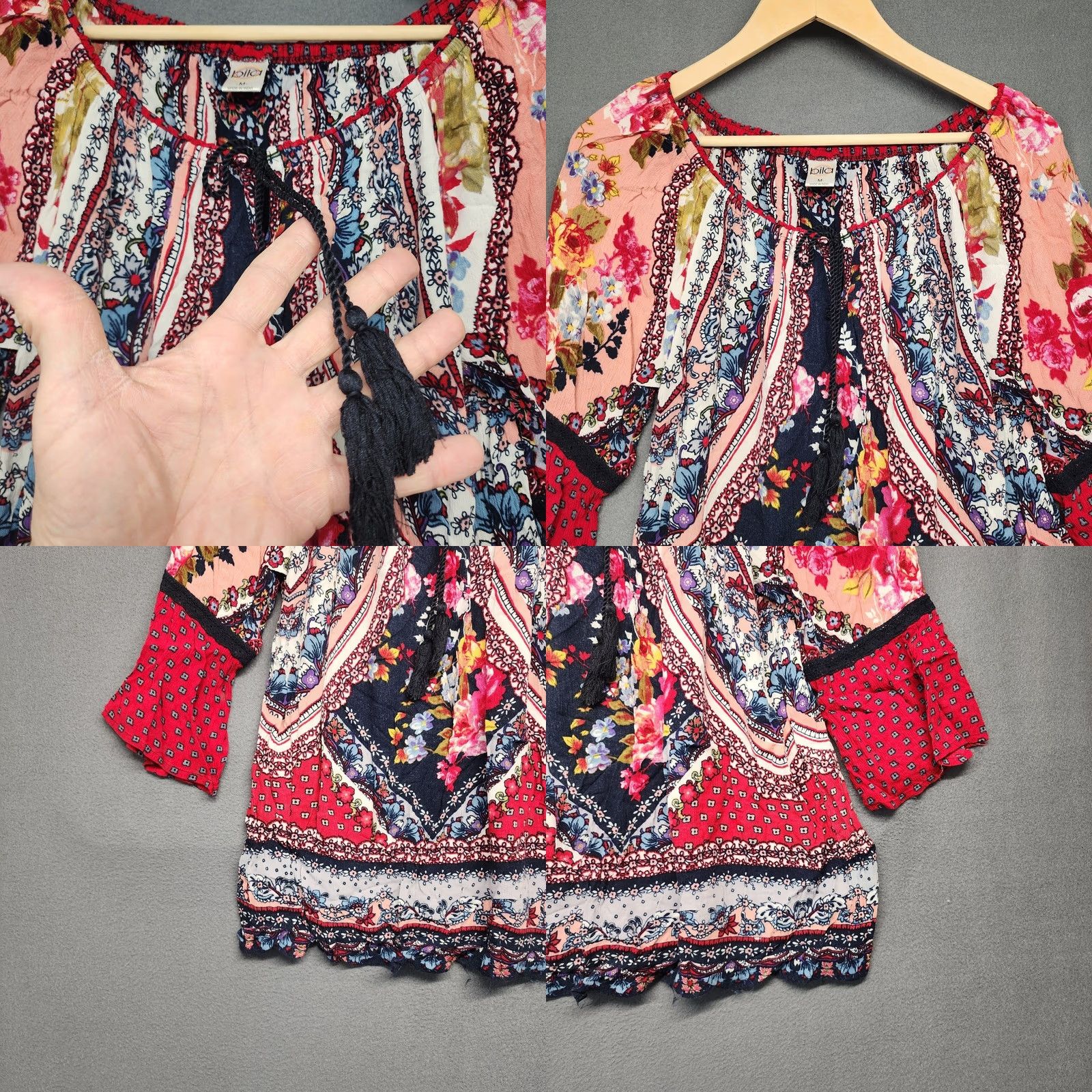 Bell Bila top Womens Medium Tassel Red Floral Boho Flowy 3/4 Bell Sleeve Peasant Shirt Size M / US 6-8 / IT 42-44 - 8 Thumbnail