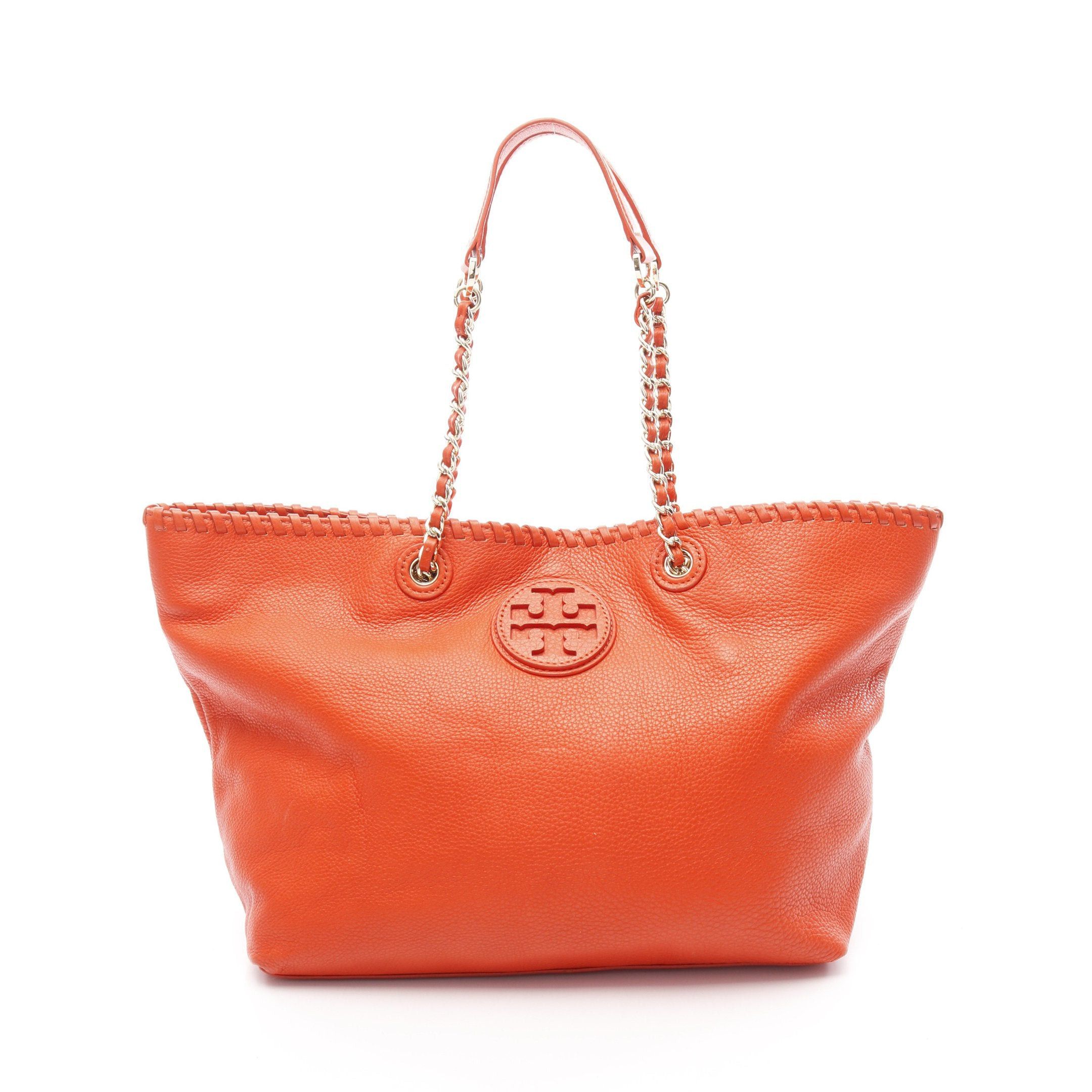 Tory Burch Marion Small Tote Chain Shoulder Bag Leather Orange Red, Women's
