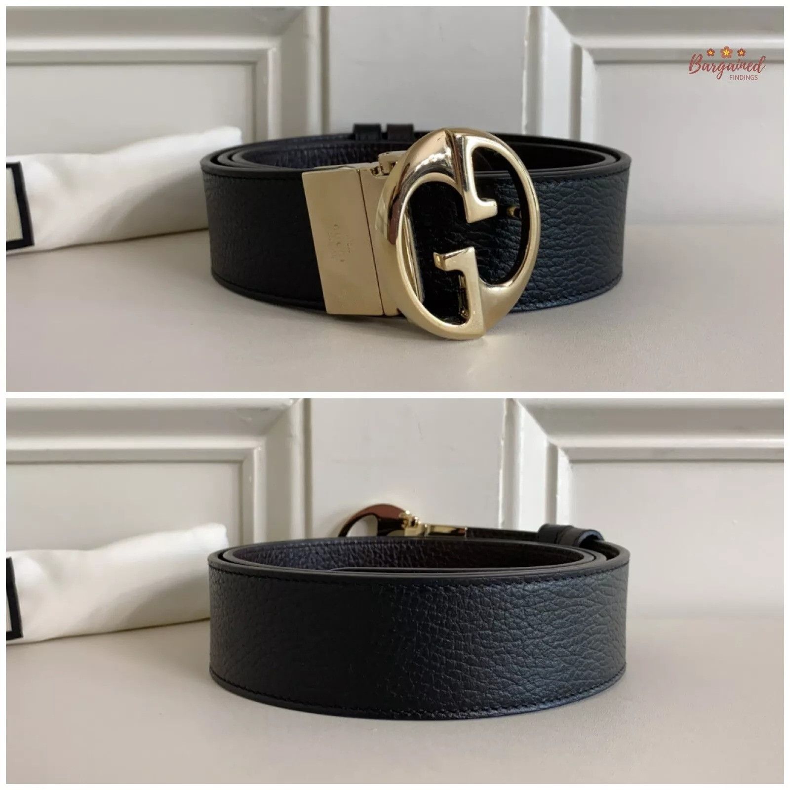 Gucci Gucci Black Pebbled Calf Leather Reversible Gold 1973 Belt Size 34 - 4 Thumbnail
