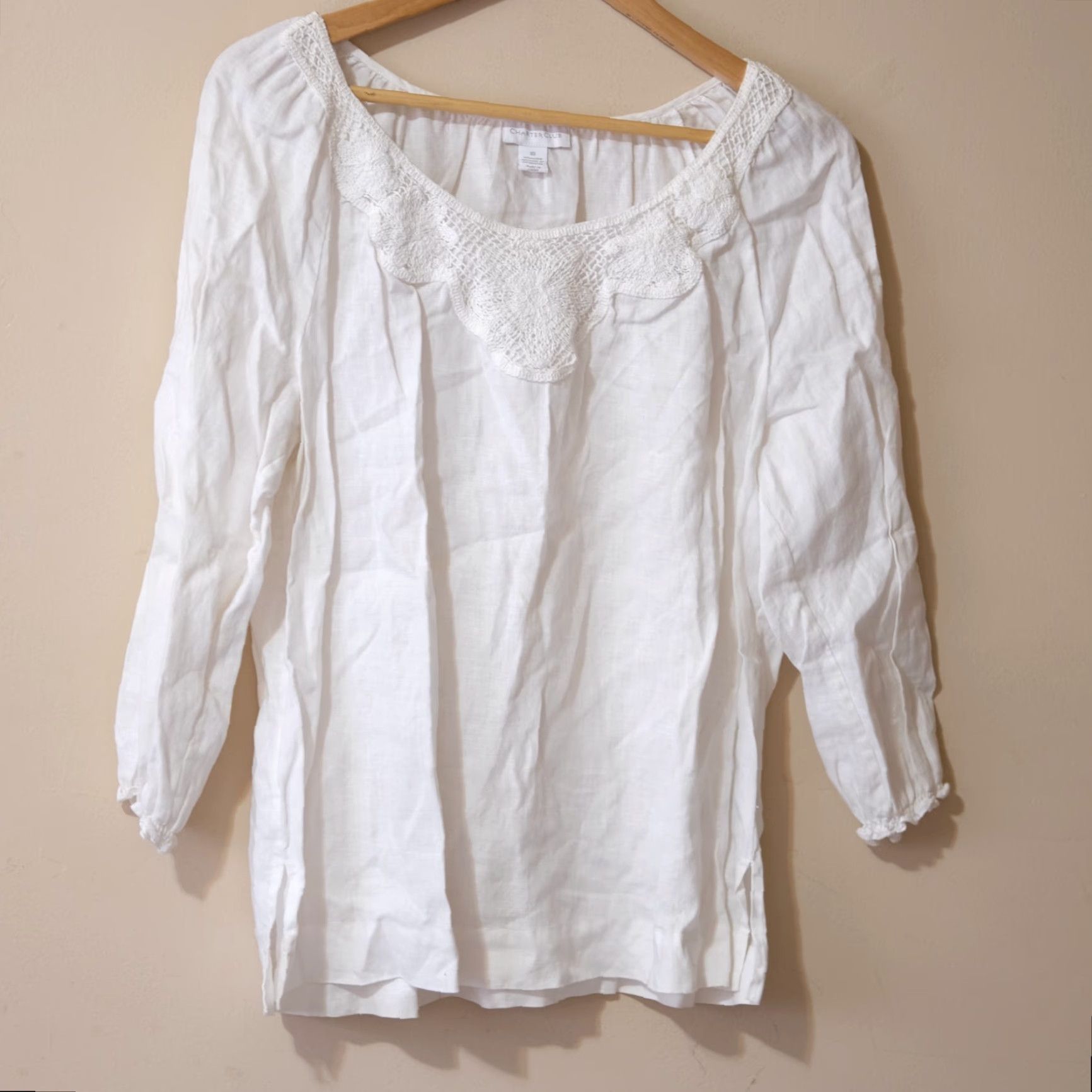 Charter Club Charter Club Women's 10 3/4 Sleeve Top White Linen Scoop Neck Crochet Shirt Blouse Regular XS? (Note: Original size 10, not XS) Size L / US 10 / IT 46 - 2 Thumbnail