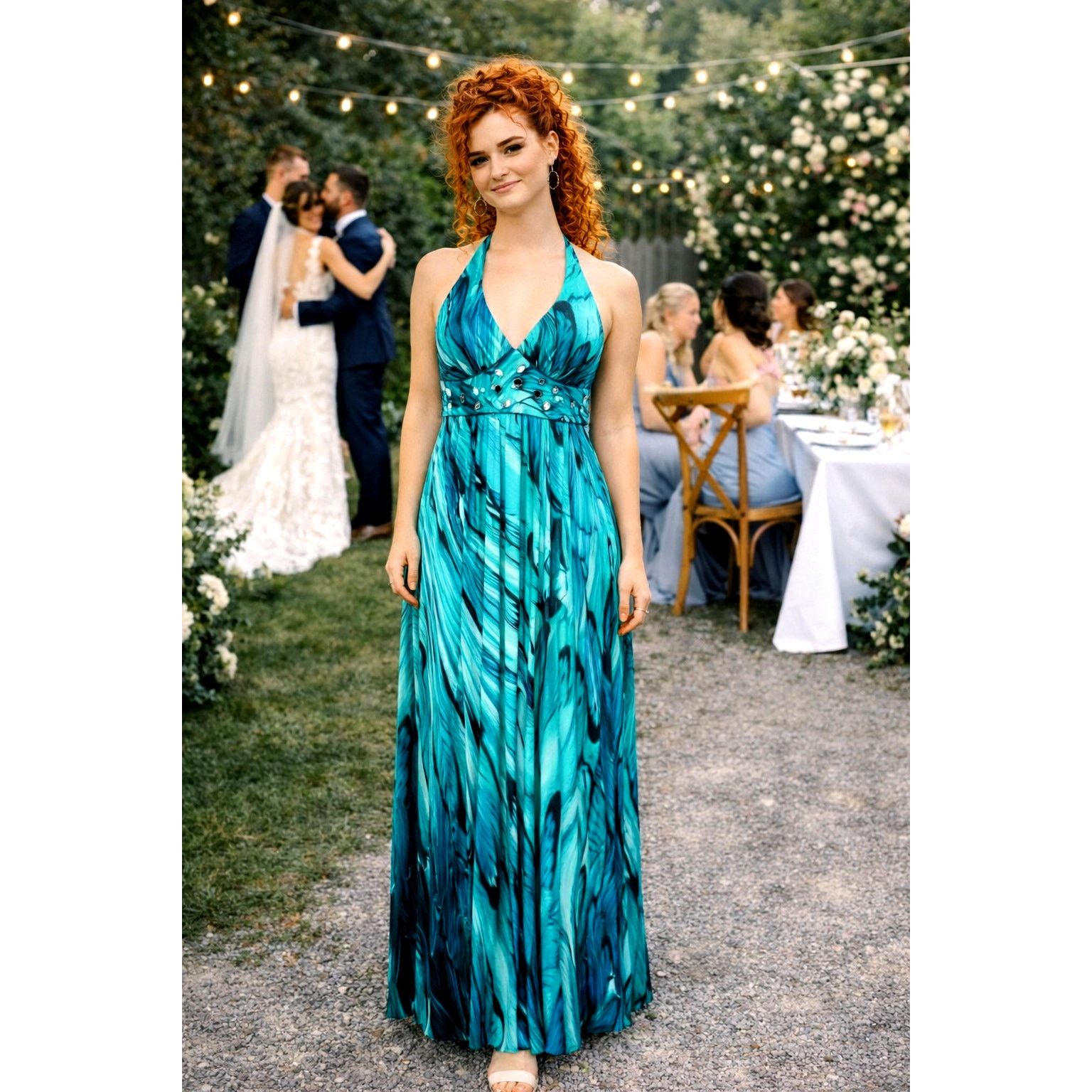 Other Bisou Bisou Halter Top Teal Blue Waterfall Gown - Size 14 Size XL / US 12-14 / IT 48-50 - 1 Thumbnail