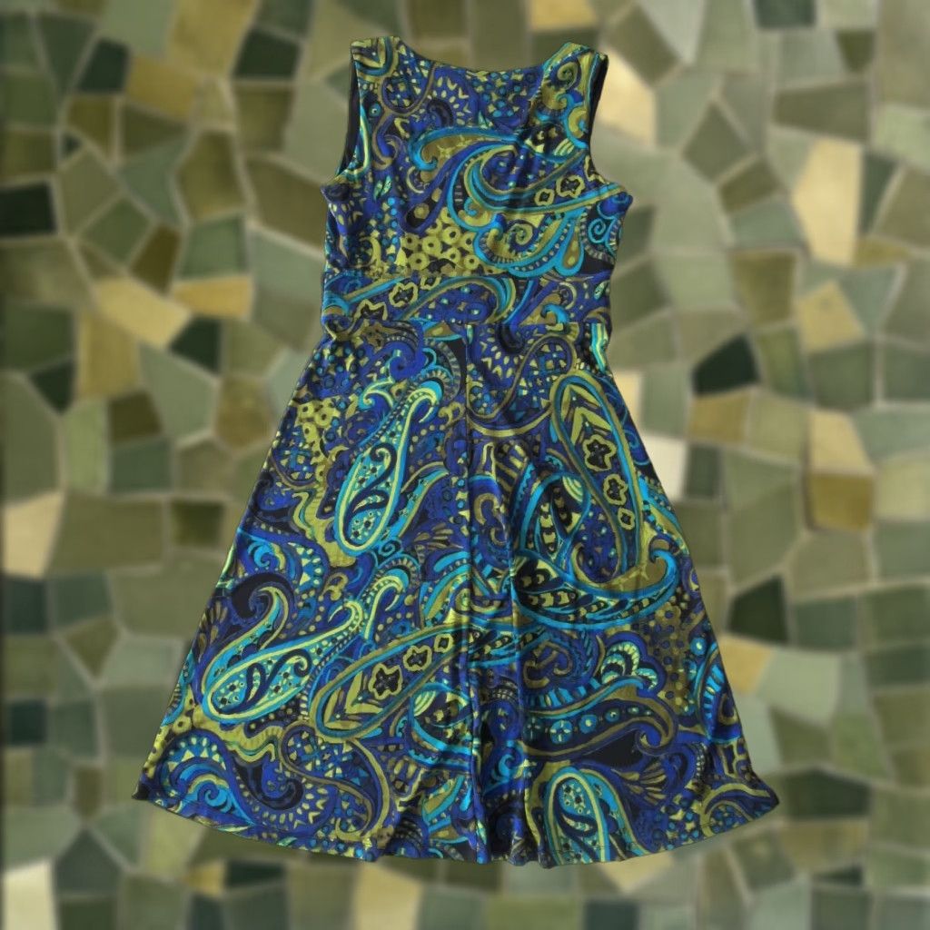 Vintage R&K Blue Green Black Yellow Stretch Sleeveless Empire Waist Tank Dress Small Size S / US 4 / IT 40 - 1 Thumbnail