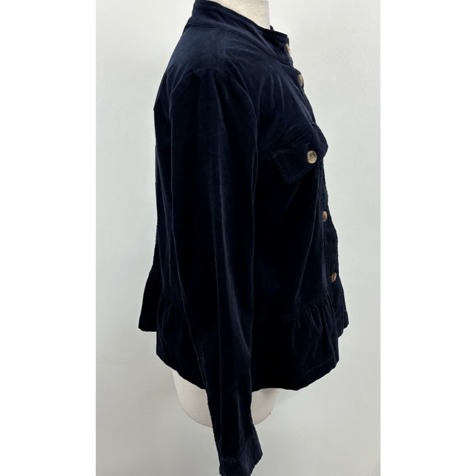 J. Jill J. Jill Jacket Women M Tall Navy Blue Corduroy Blazer Peplum Ruffle Button Long Sleeve Cotton Blend Solid Size 32" / US 10 / IT 46 - 4 Thumbnail