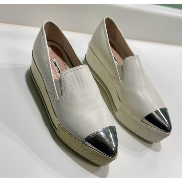 Miu Miu Platform Slip on Sneakers White Leather Silver Toe Cap Size US 7 / IT 37 - 1 Thumbnail