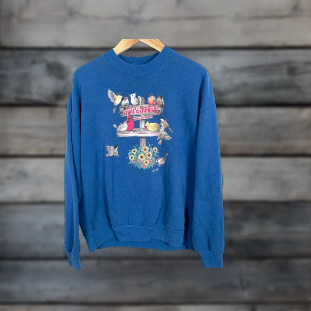 Vintage Morning Sun Grandma Bird Sweatshirt Women's XL Blue Crewneck Double Sided Flower Size XL / US 12-14 / IT 48-50 - 1 Thumbnail