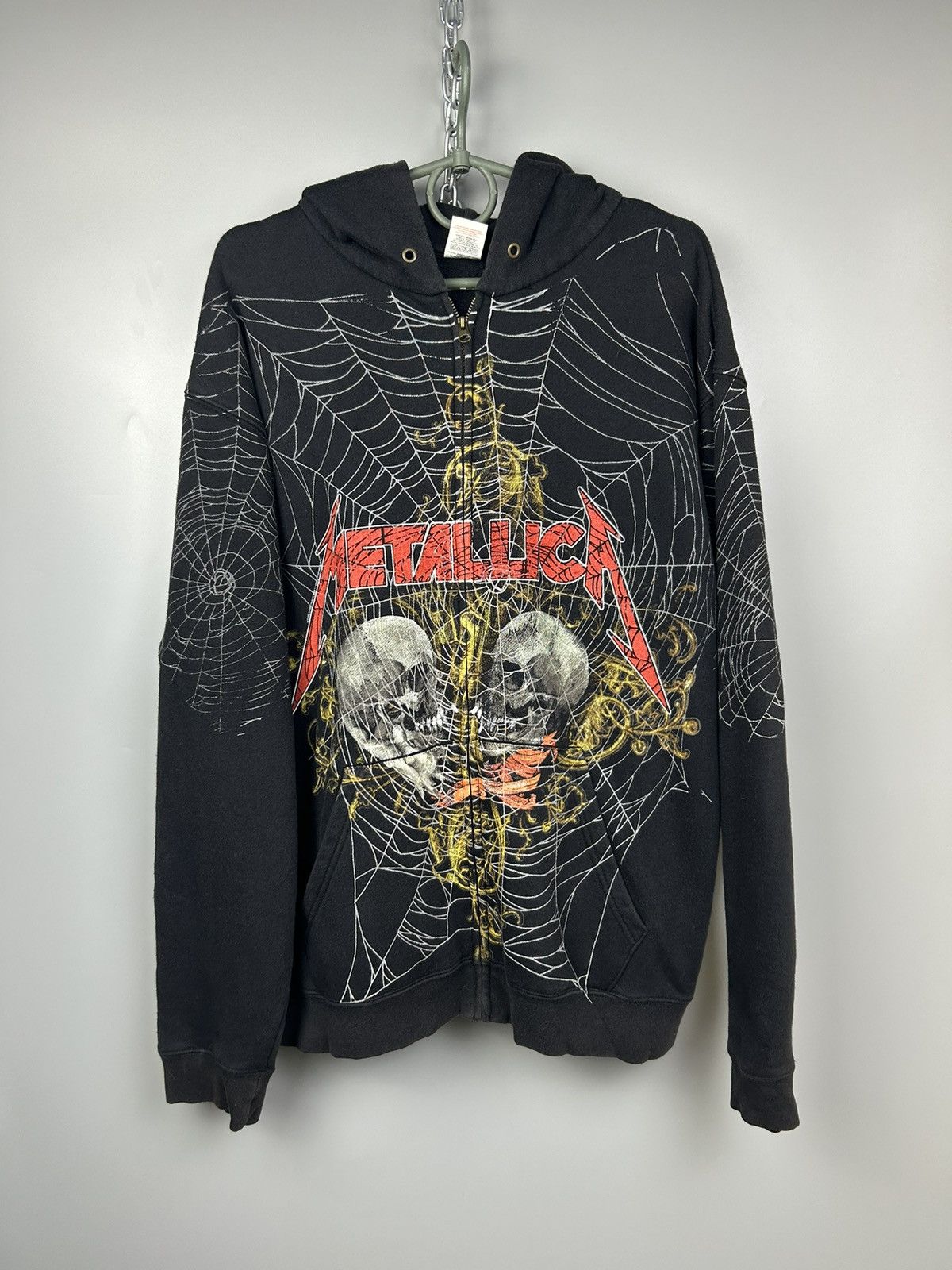 Vintage Metallica Print Spider Web Skulls Zip Hoodie