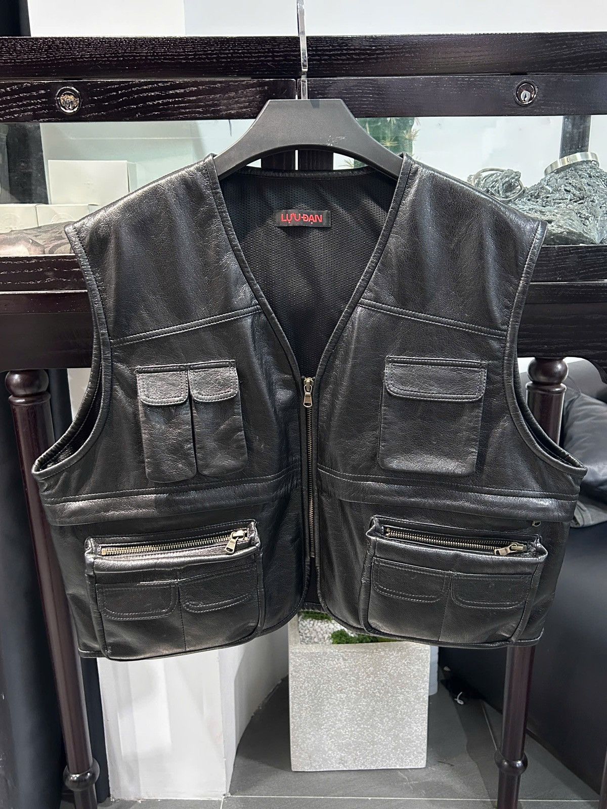 LUU DAN LUU DAN Black Cargo Faux Leather Vest Size 46R - 1 Thumbnail