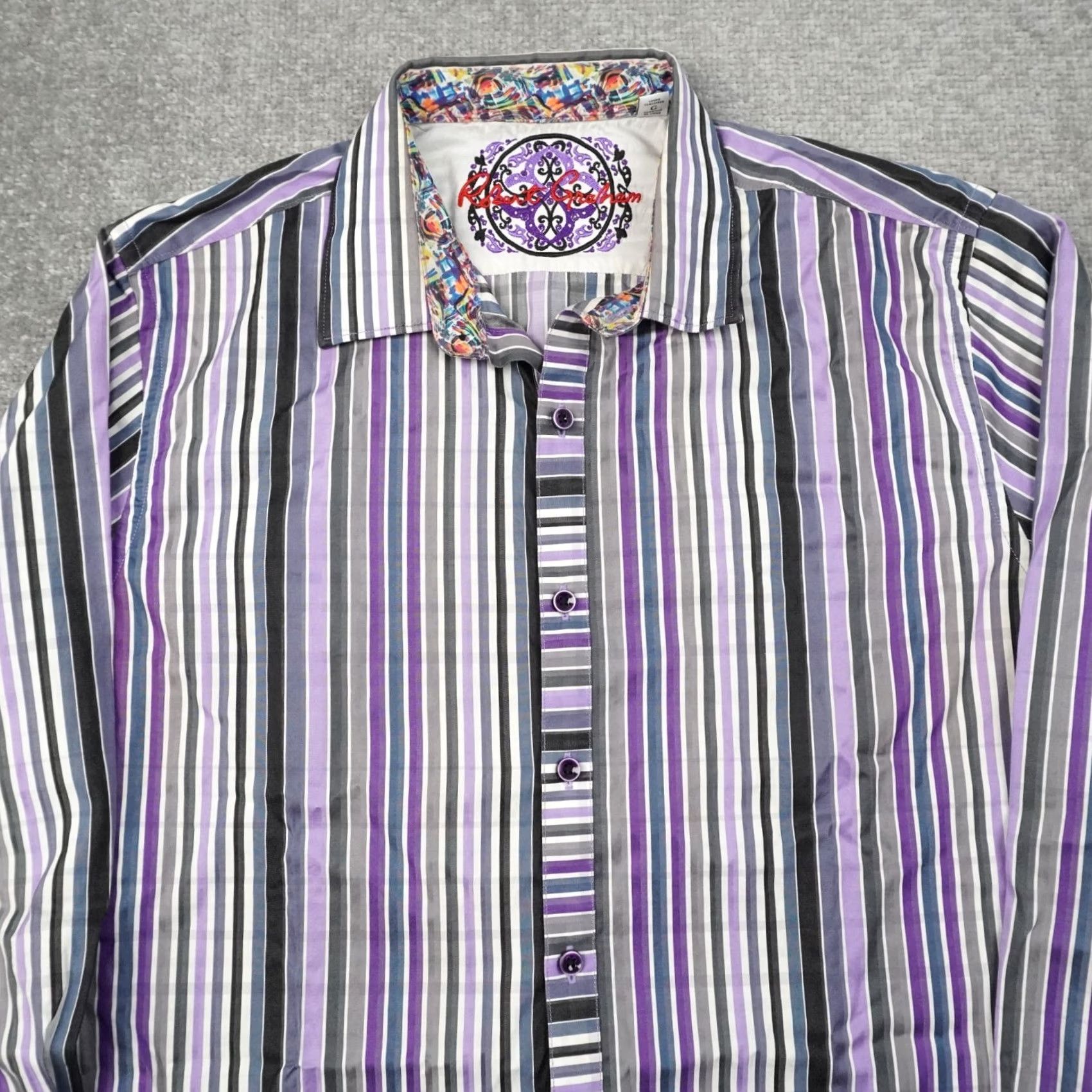 Robert Graham Robert Graham Button-Up Shirt Knowledge Wisdom Purple Long Sleeve L Mens Flip Cuff Striped Cotton Size US L / EU 52-54 / 3 - 5 Thumbnail