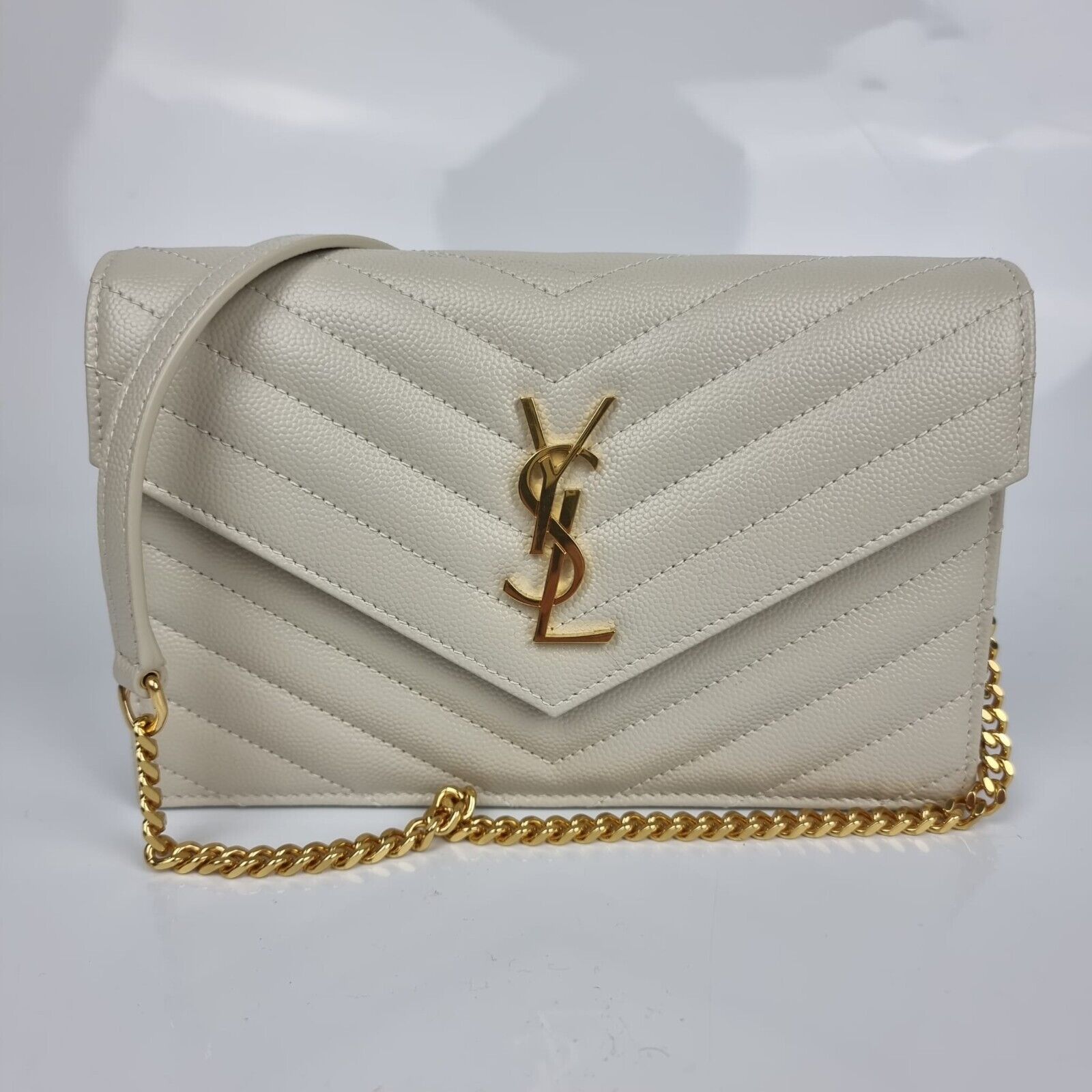 Saint Laurent Paris YSL Cassandre Envelope Crema Grained Leather Chain Wallet Size ONE SIZE - 3 Thumbnail
