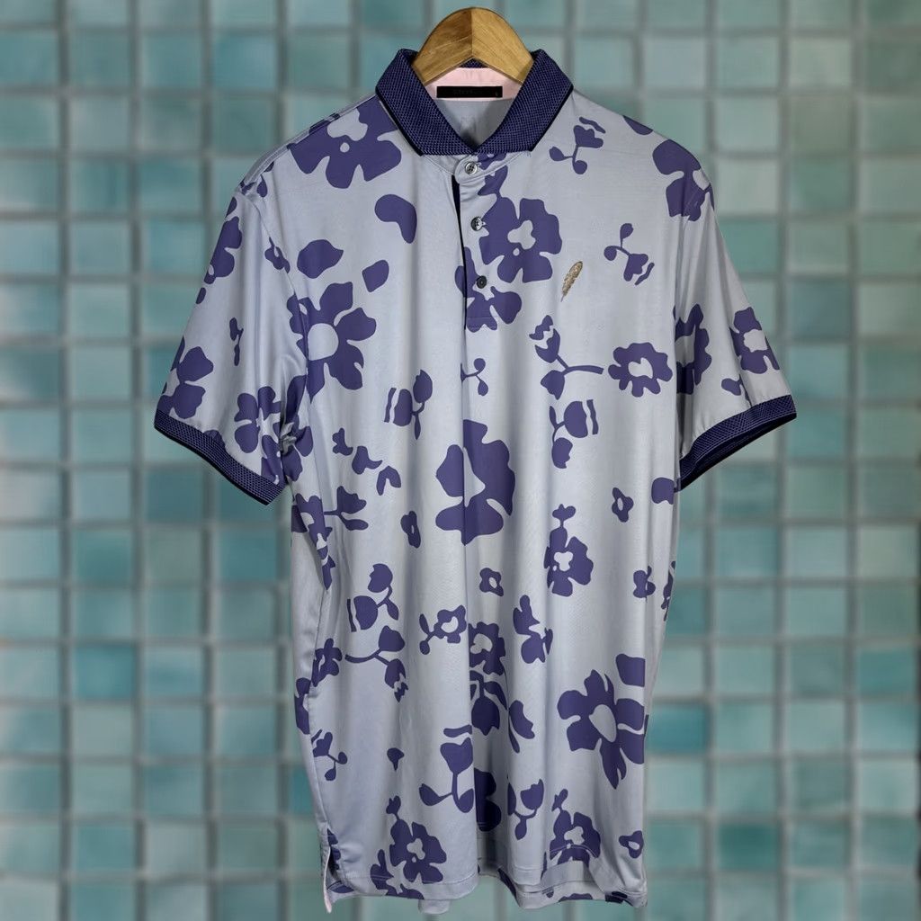 Vintage Greyson Polo Shirt Mens Large Purple Fiori Floral Catbird Print Performance Shirt Polo Golf Breathable Lightweight Size US L / EU 52-54 / 3 - 1 Thumbnail