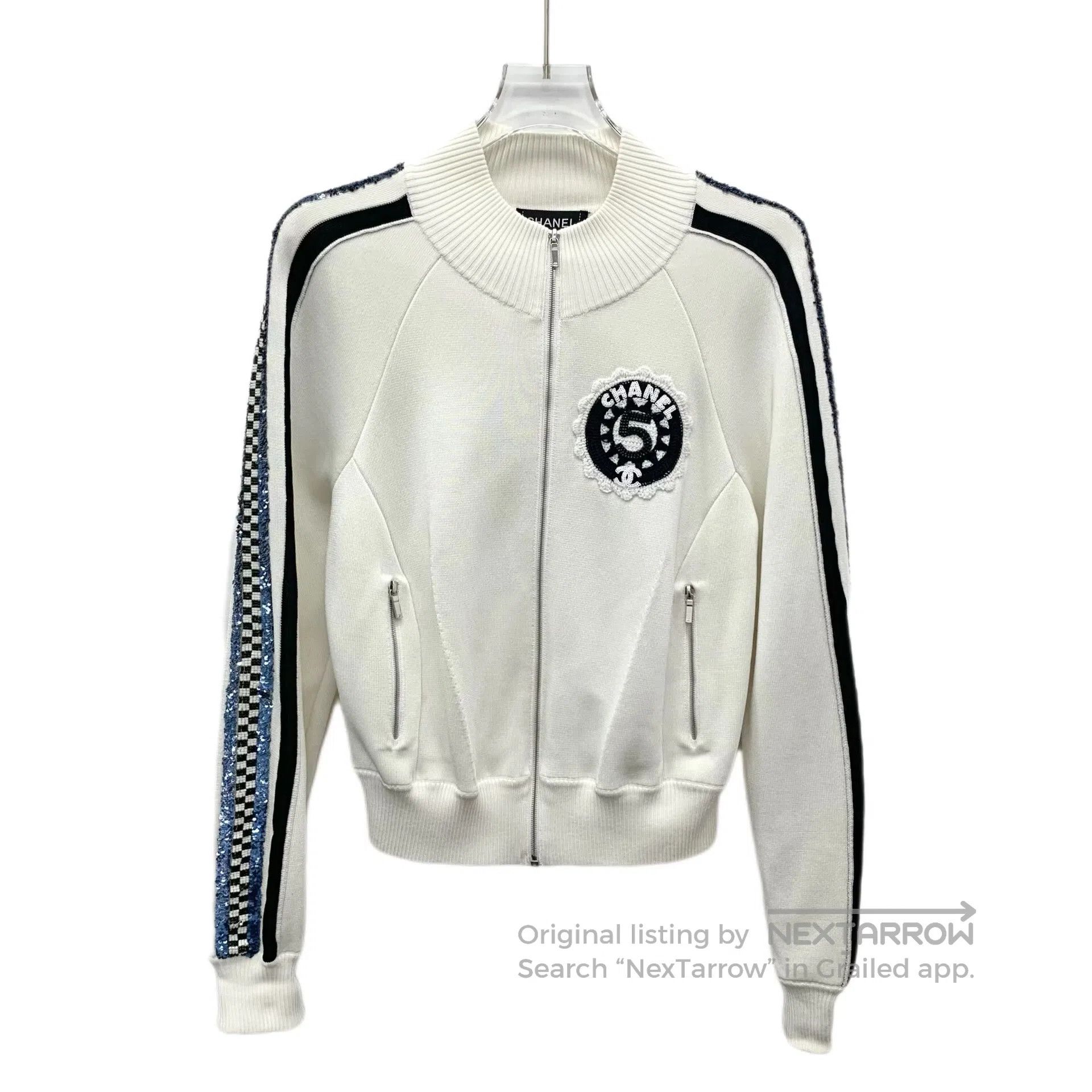 Chanel Chanel White Logo Crystal Embroidered Stand Collar Zip Lon Size XS / US 0-2 / IT 36-38 - 1 Thumbnail
