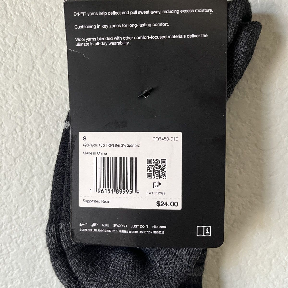 Nike Nike Black/Grey Dri-Fit Outdoor Wool Blend Crew Socks Size ONE SIZE - 3 Thumbnail