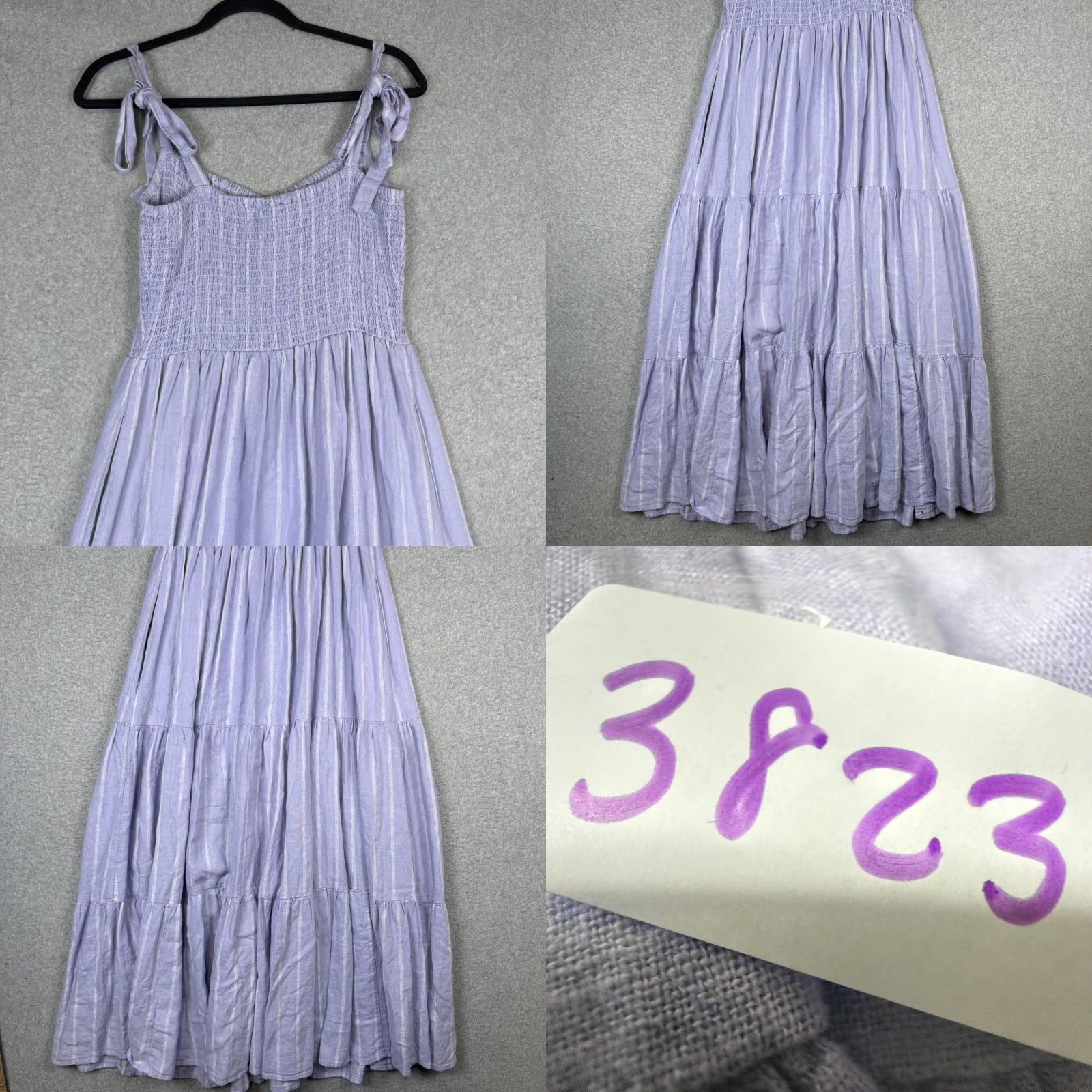 Madewell Madewell Dress Linen-Blend Lucie Tie-Strap Tiered Midi Dress lavender stripe pattern s Blue S Womens Regular A-Line Midi Size S / US 4 / IT 40 - 8 Thumbnail