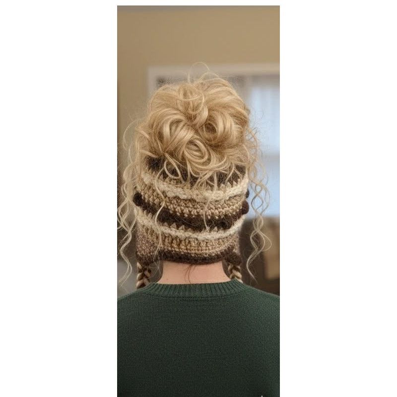 Other Handmade Crochet Messy Bun Hat Beanie Braided Tassels Brown Size ONE SIZE - 4 Thumbnail