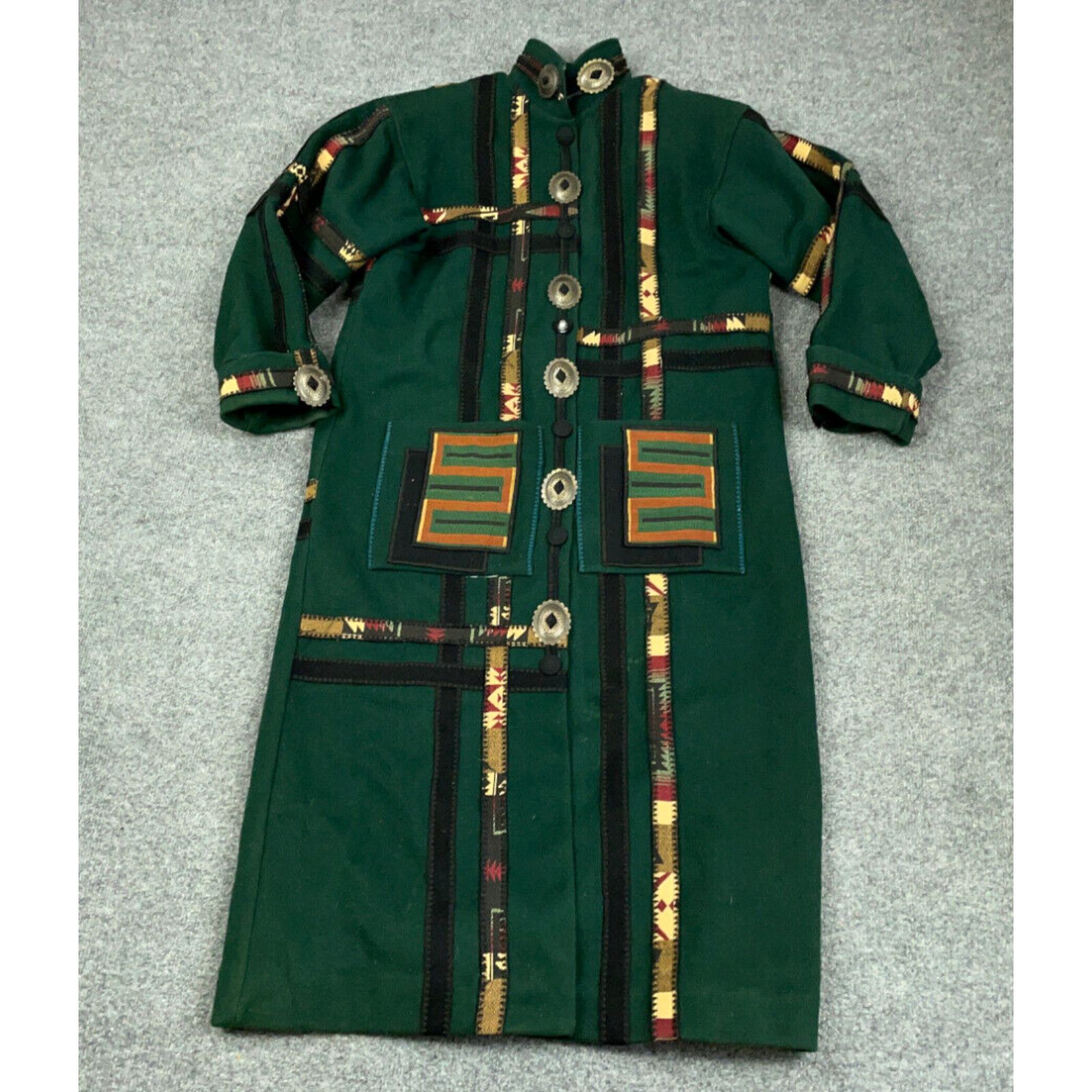 image of Vintage VTG Coloratura Green Wool Tribal Southwestern Long Coat Women's Medium Aztec in White