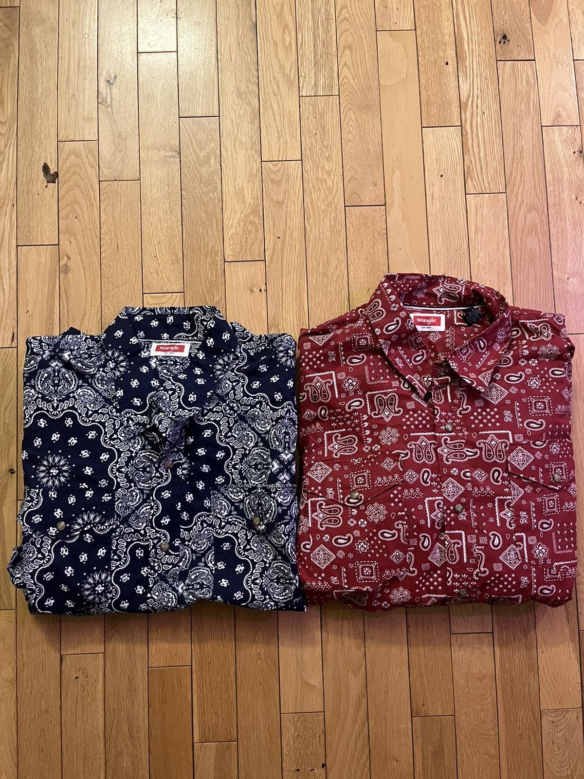 image of 2 Vintage Wrangler Paisley Button Up Shirts in Red, Men's (Size 2XL)