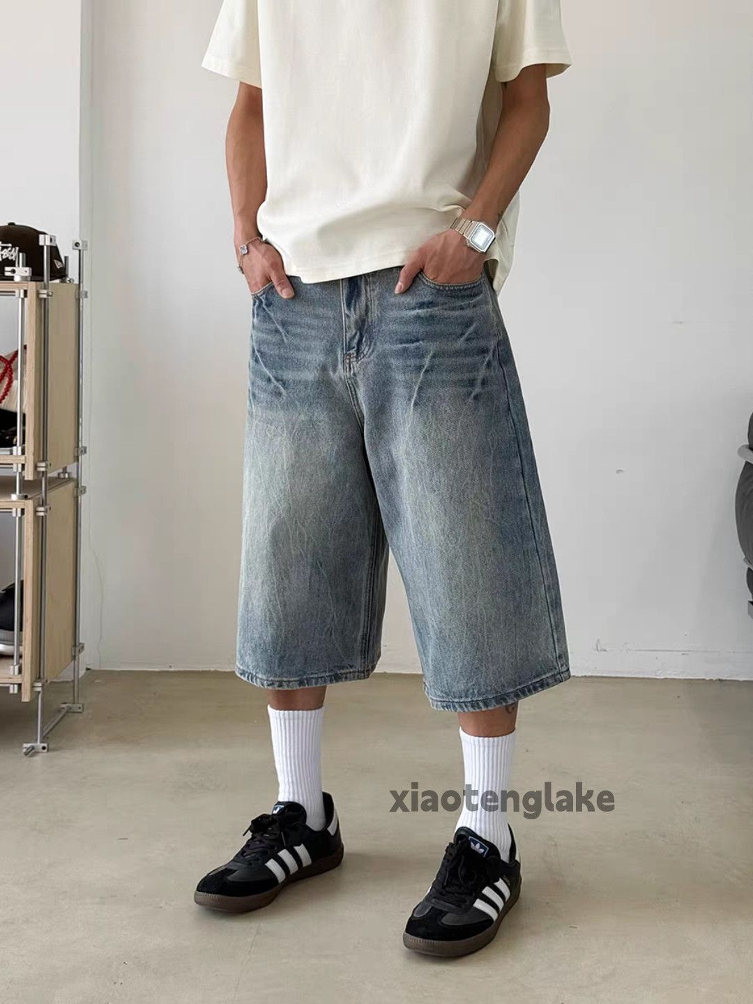 Designer Unisex washed faded loose baggy flared hiphop shorts Size US 28 / EU 44 - 1 Thumbnail