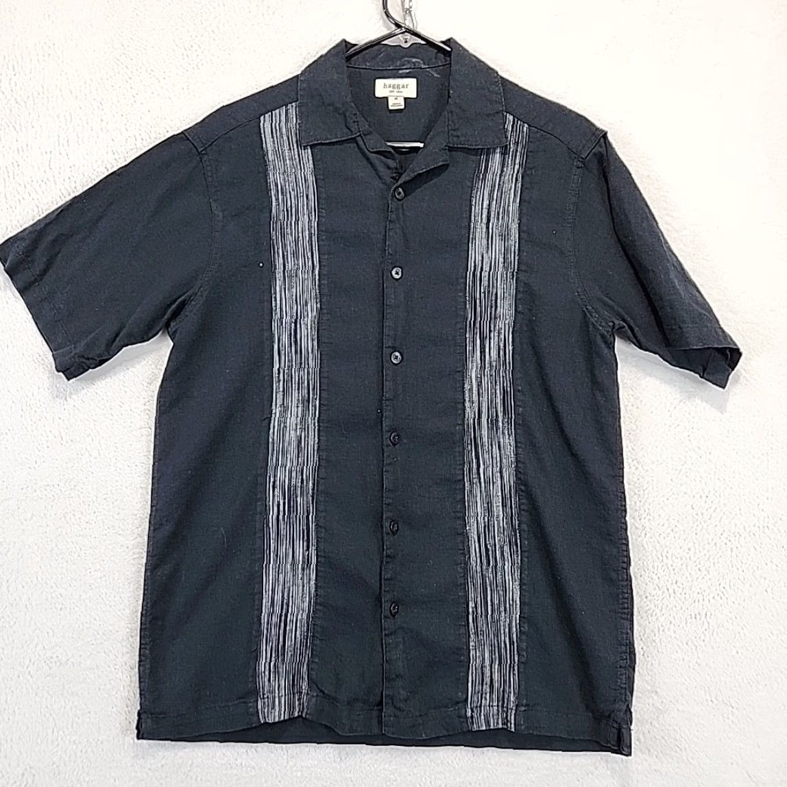 Haggar Haggar Mens Shirt M Black Stripe Linen Blend Short Sleeve Button-Up Beach Size US M / EU 48-50 / 2 - 4 Thumbnail