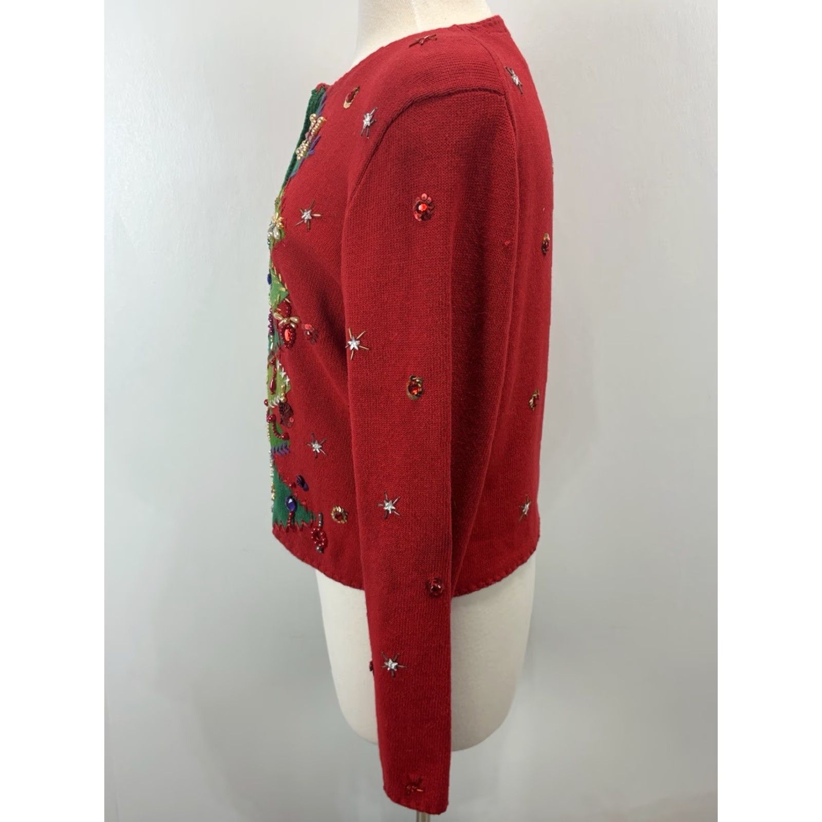 Simons VINTAGE Michael Simon Christmas Cardigan Sweater Women’s Large Red Beaded Knit Size L / US 10 / IT 46 - 2 Thumbnail