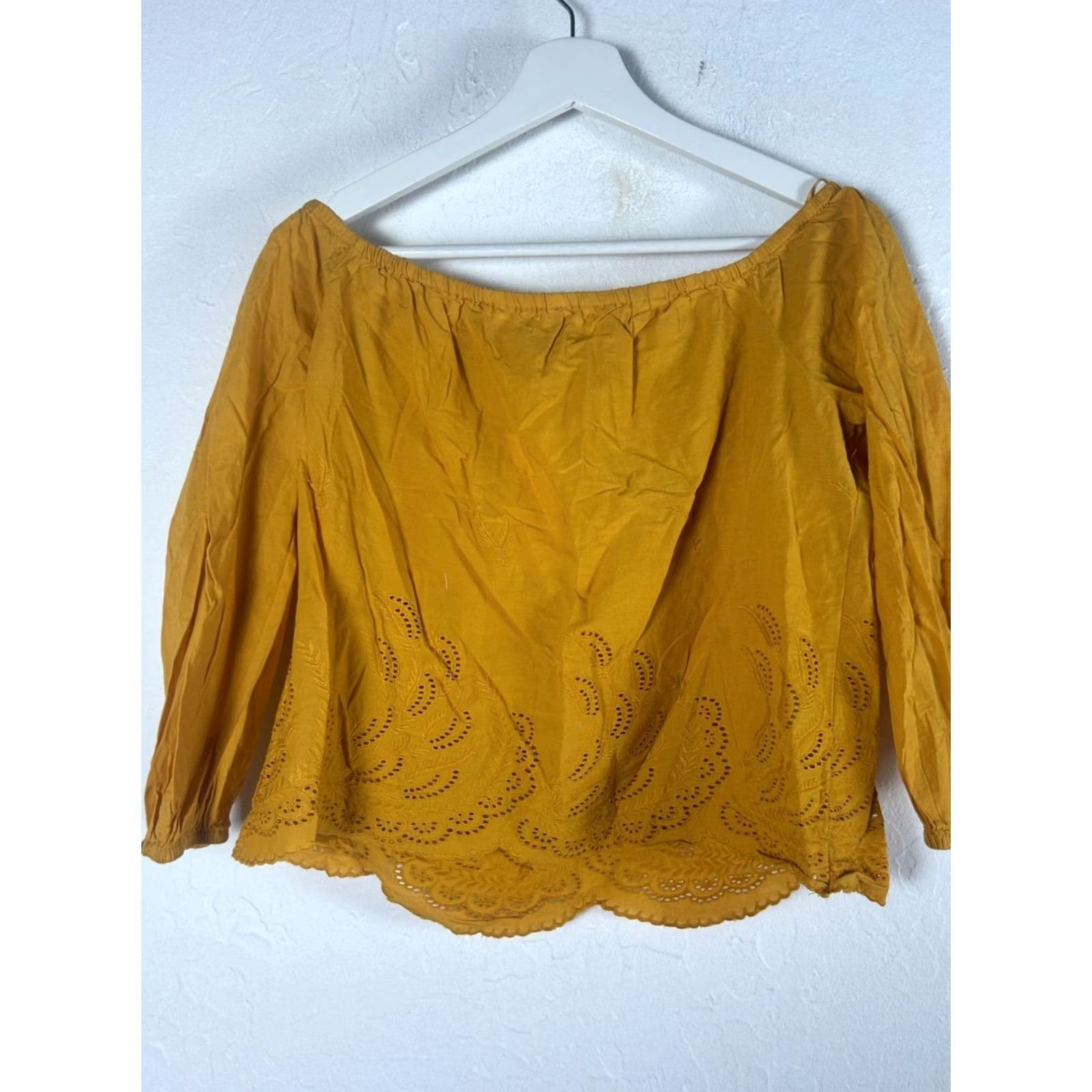 Mango Mango Blouse Eyelet Off-Shoulder Cotton Mustard Yellow 3/4 Sleeve Casual New Womens Medium XS? Size M / US 6-8 / IT 42-44 - 2 Thumbnail