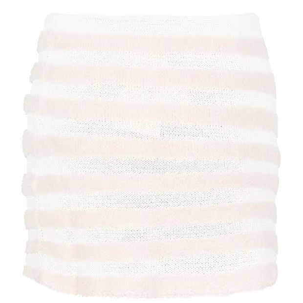 o1g2r1mq0924 Striped Knitted Skirt in Blanc & Rose