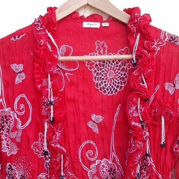 Agora Vtg 80's Red Crinkle Blouse Top Sz S Red Ruffled Butterfly B Size S / US 4 / IT 40 - 5 Thumbnail