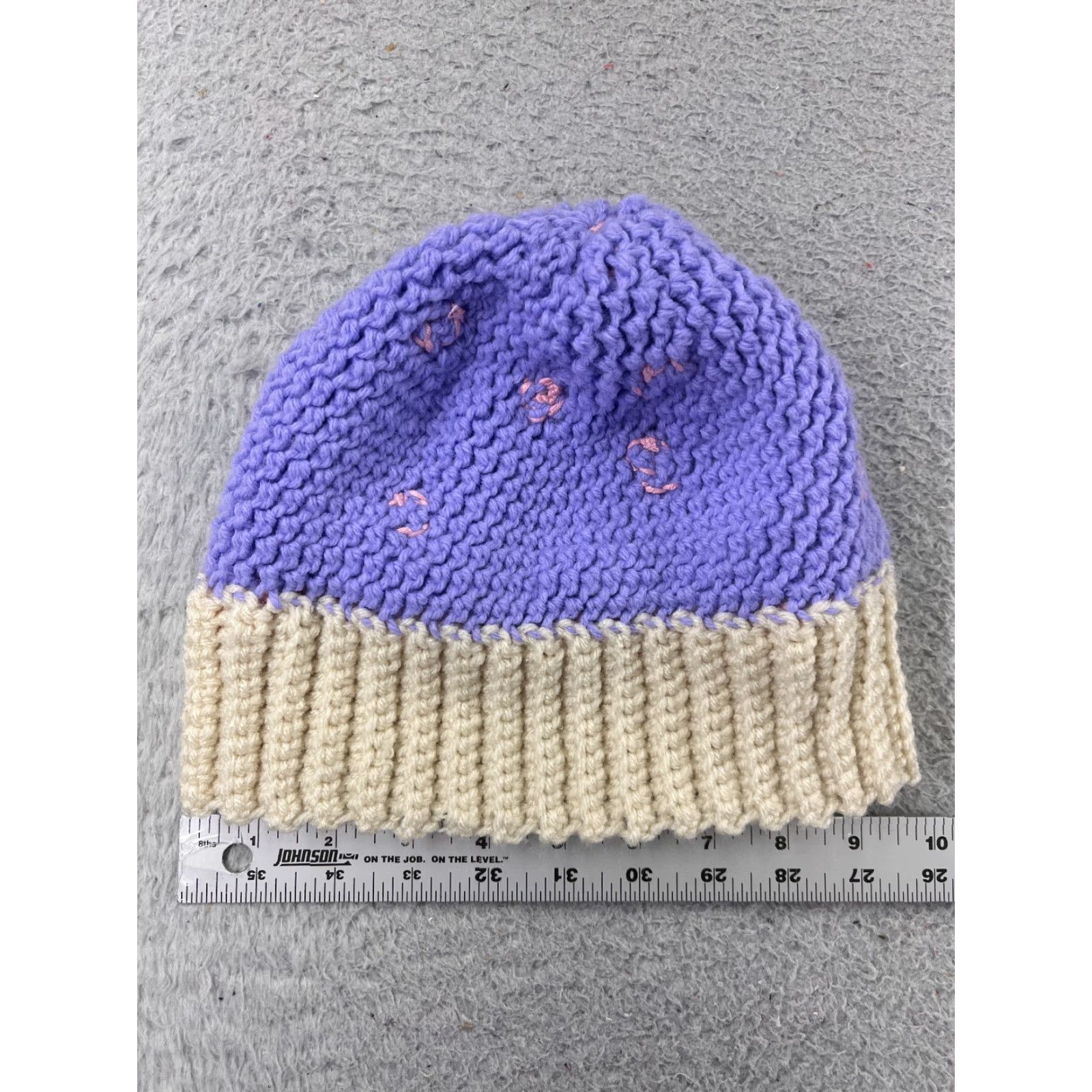 Vintage Handmade Beanie Toque Womens Purple Flowers Knit Crochet Floral Acrylic Blend Hat Size ONE SIZE - 5 Thumbnail