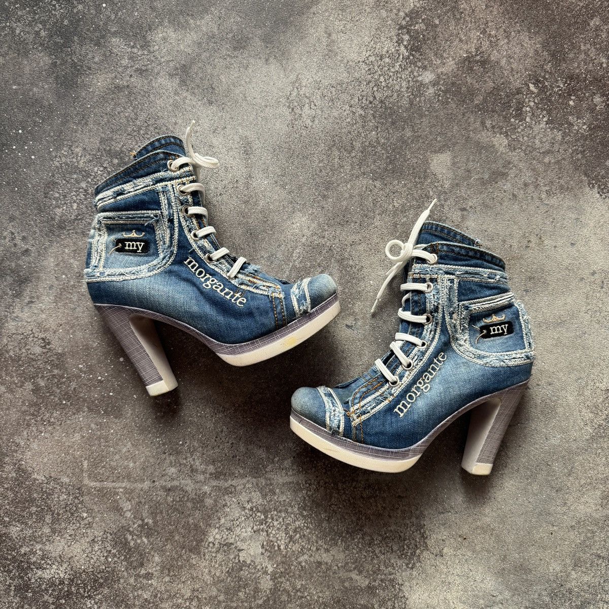 Vintage Denim Platform Boots Y2K High Heel Lace-Up Booties