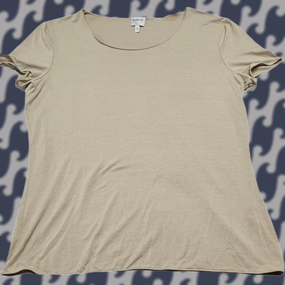 Armani Armani Collezioni Womens Blouse Regular Beige Viscose Stretch Short Sleeve Round Neck Pullover Size 12 Italy Designer Top Size XL / US 12-14 / IT 48-50 - 1 Thumbnail