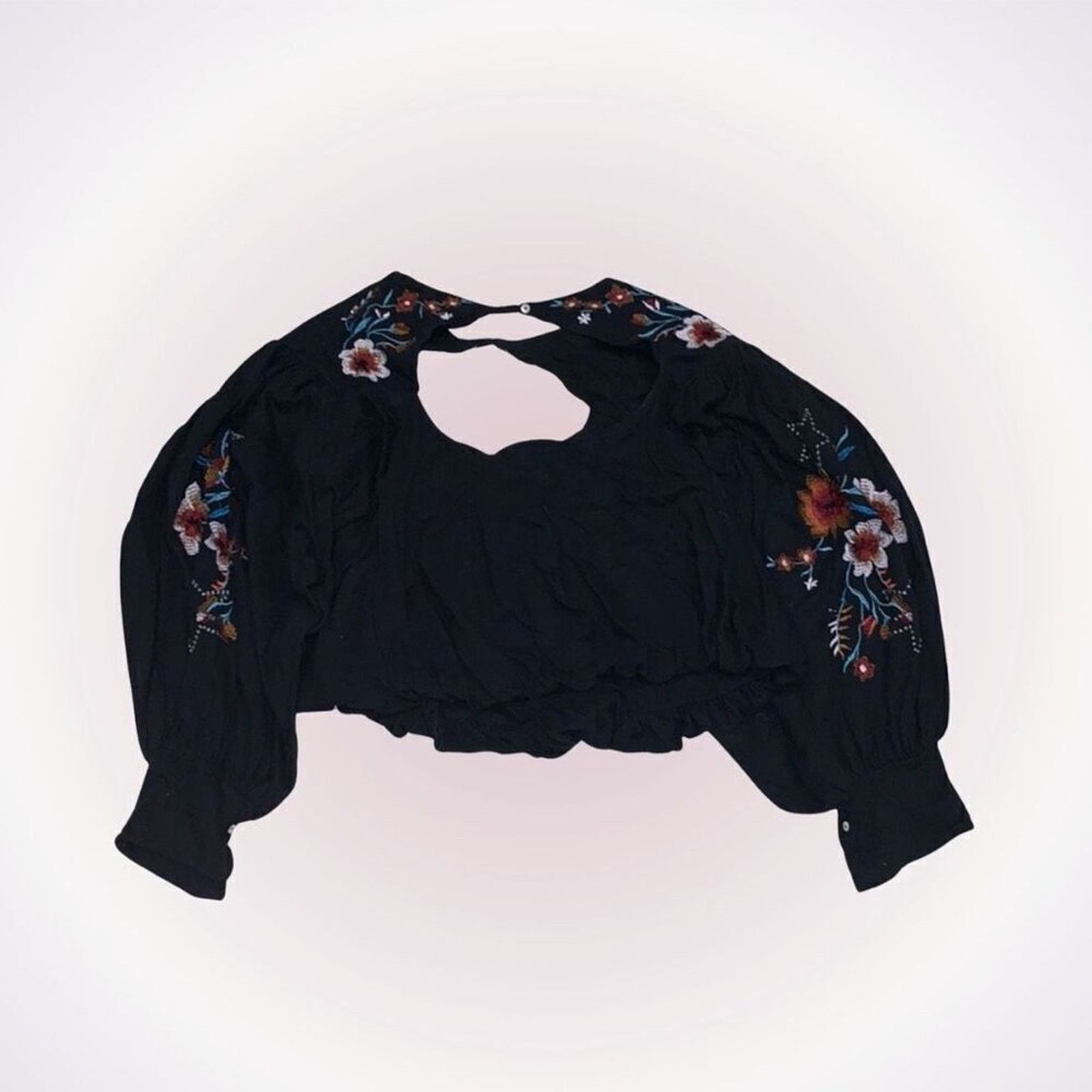Free People FP Black Floral Embroidered Off-Sleeve Blouse | Sz XS, NWT Size XS / US 0-2 / IT 36-38 - 1 Thumbnail