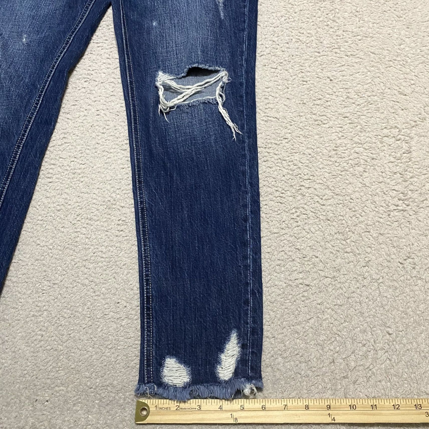 Vintage KanCan Jeans Womens Jeans Distressed Straight Mid Rise Dark Wash Blue Denim 5 Juniors Regular 29in Inseam 28in Button Zip Pockets Logo Fringe Size 27" / US 4 / IT 40 - 5 Thumbnail