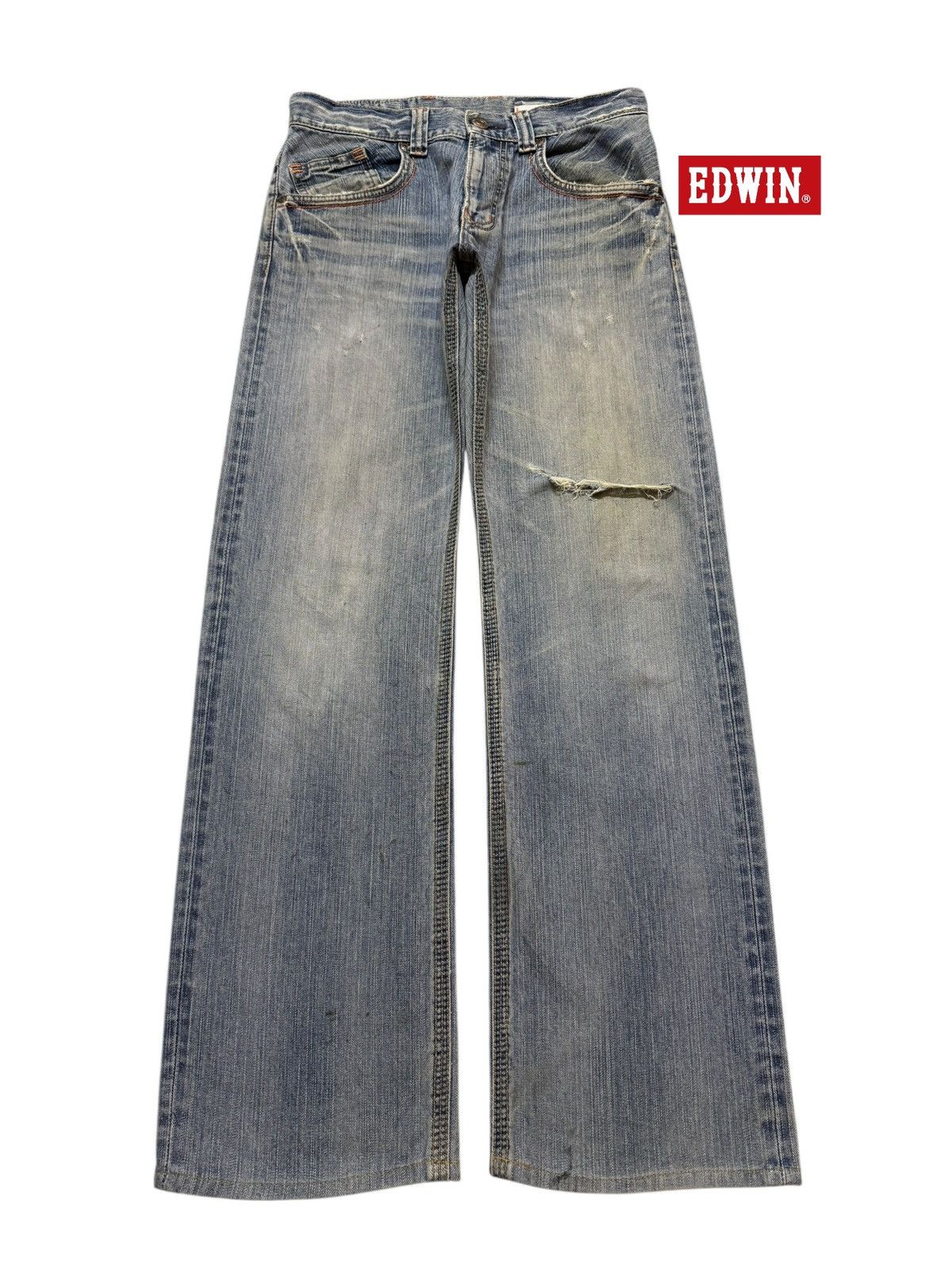 Edwin Vintage 90s Edwin XV Blue Faded Mud Wash Distress Wide Leg Size US 31 - 1 Thumbnail