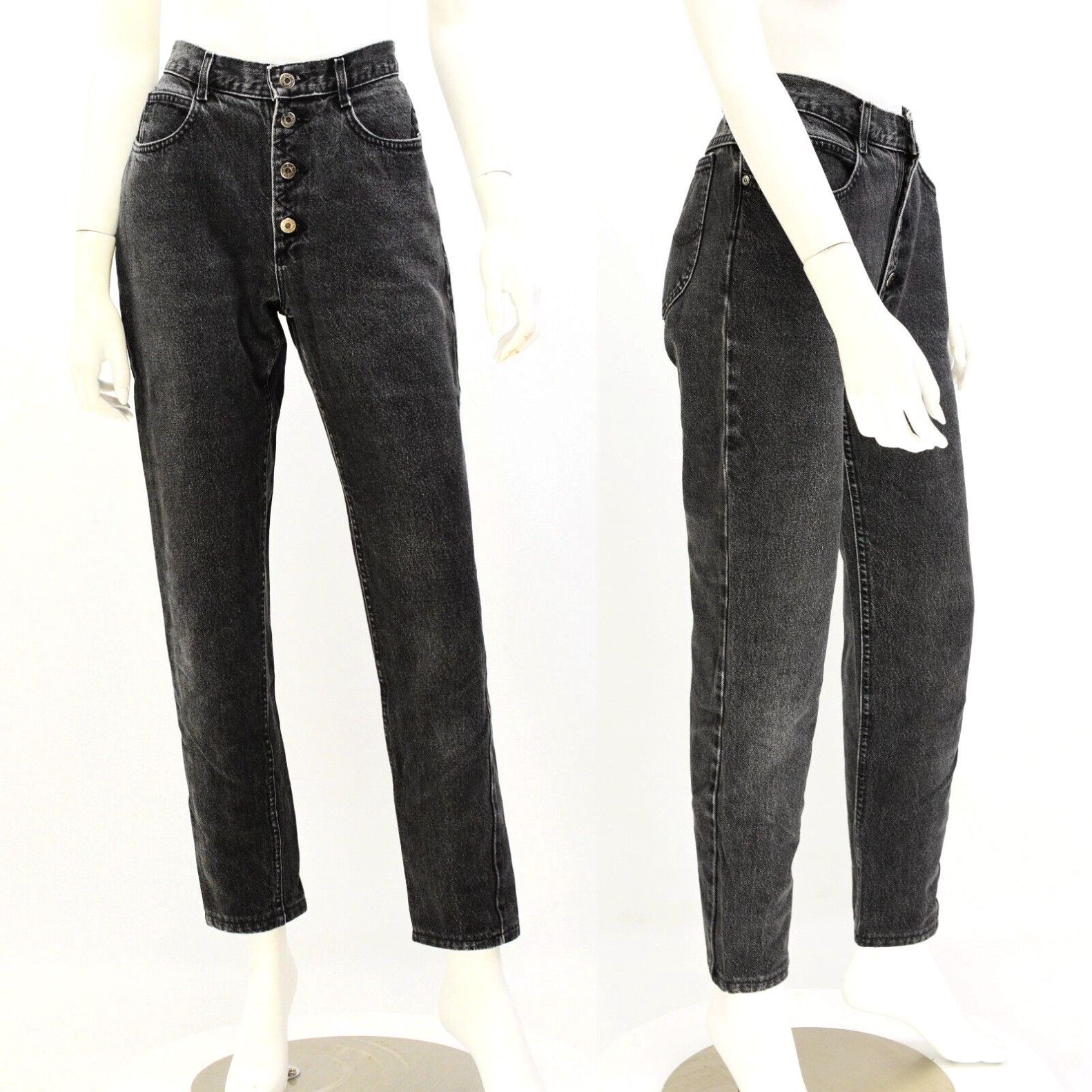 image of 90's Vintage Womens 10 Lee Black Stone Wash Button Fly Tapered Leg Jeans in White