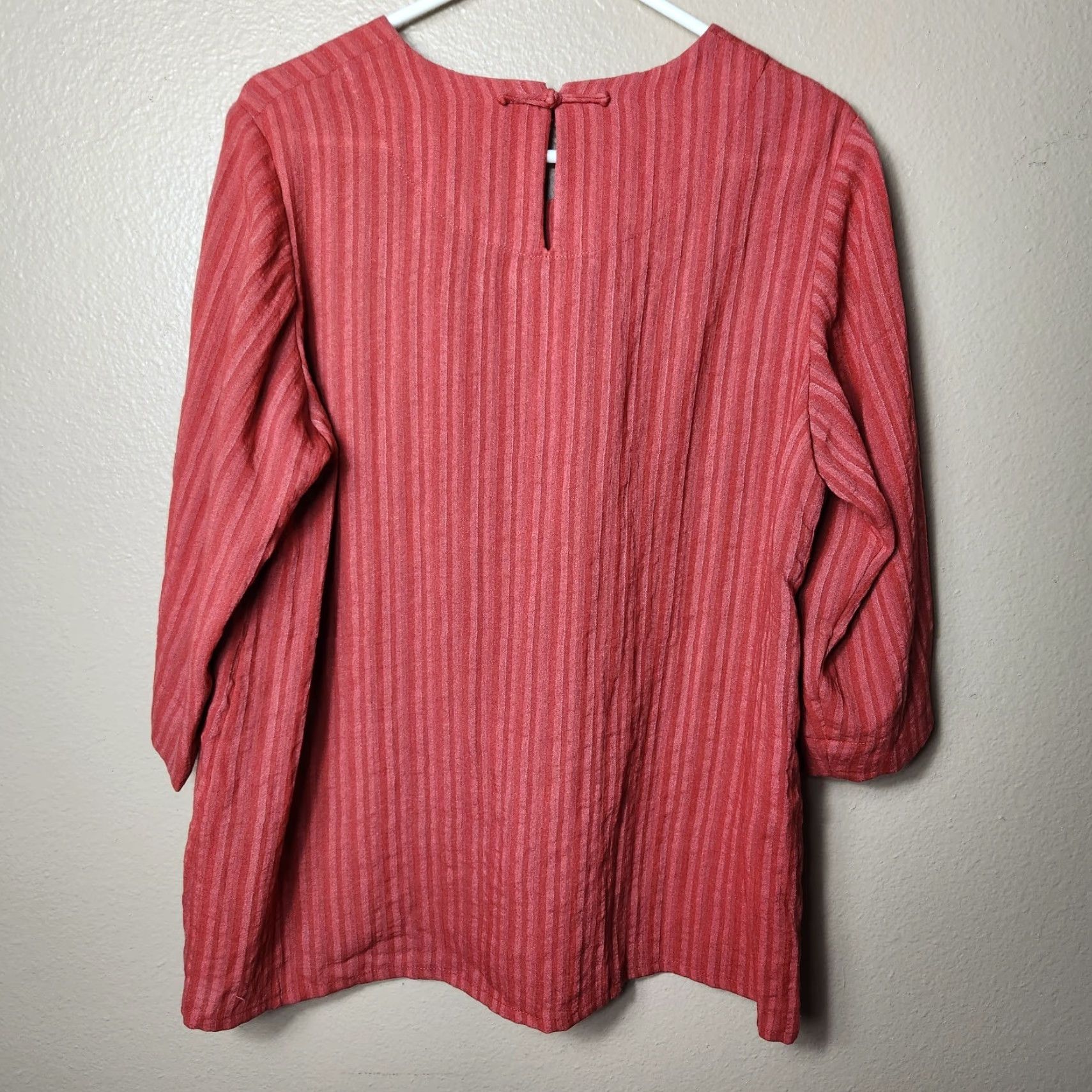 Rusty Fridaze Blouse Womens Rust Red Stripe 100% Linen 3/4 Sleeve Lagenlook Top-Size L Brown Rounded Neck Casual, Travel Womens Size L / US 10 / IT 46 - 6 Thumbnail