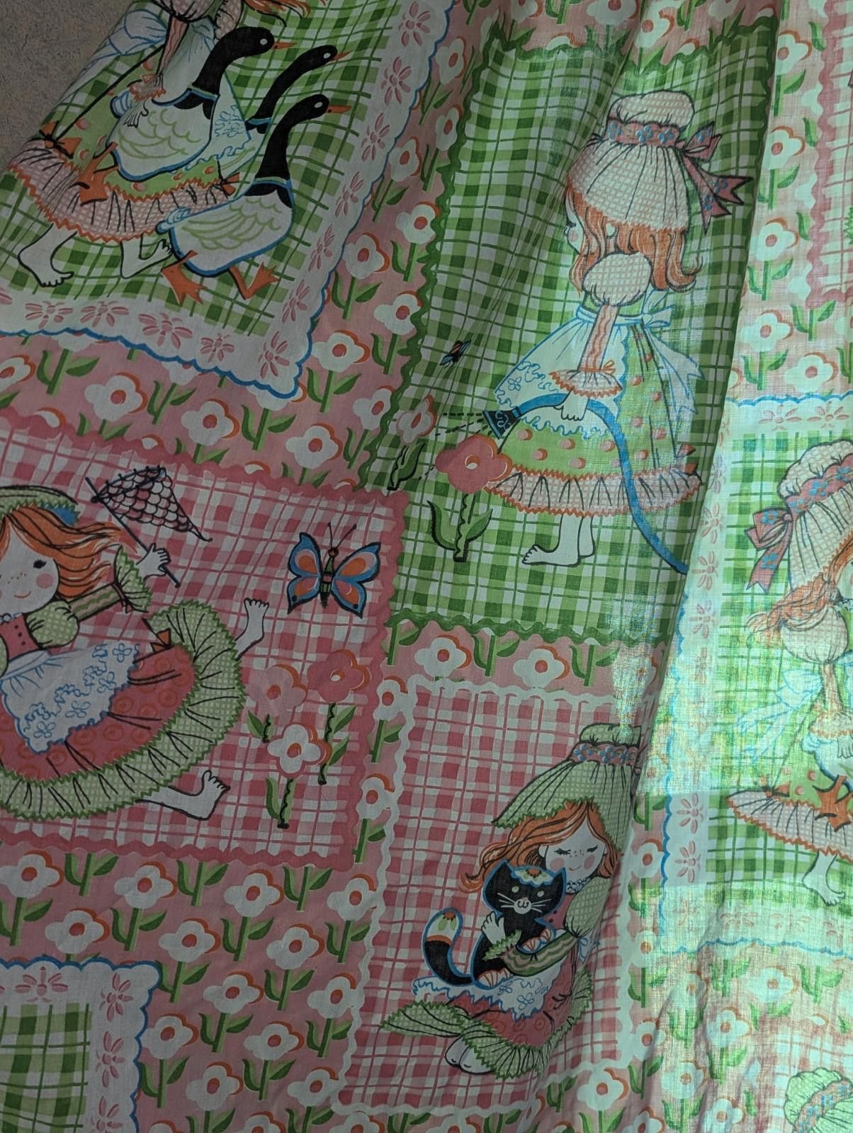 Designer VTG 70s Pink Patchwork Floral Holly Hobbie Ruffle Curtains Size ONE SIZE - 4 Thumbnail