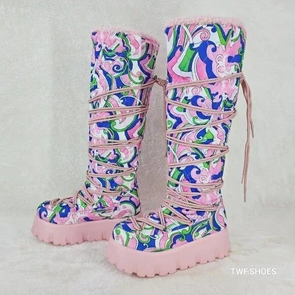Other Winter Stomper 2" Platform Knee Boots Pink Design Fur Trim Size US 9 / IT 39 - 7 Thumbnail