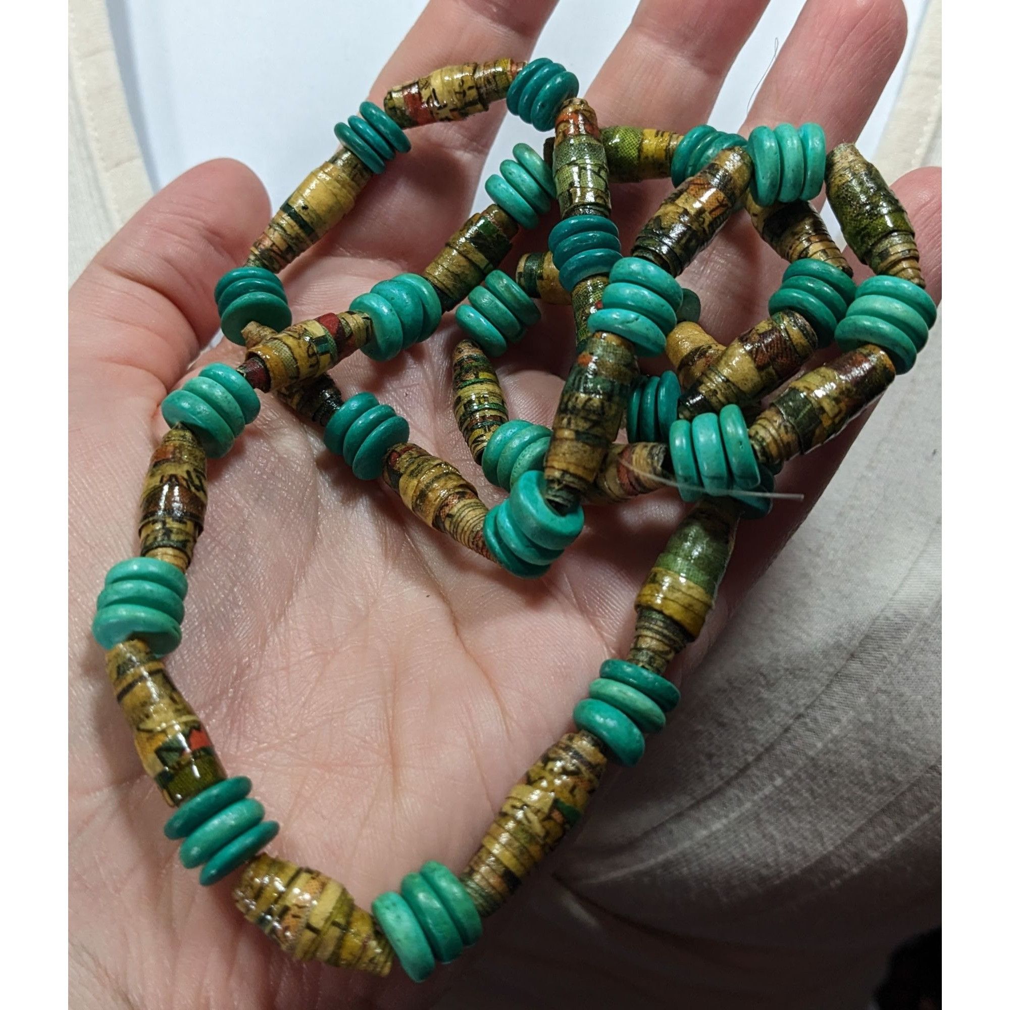 Handmade Casual Handmade Turquoise And Tan Wood And Paper Beaded Neck Size ONE SIZE - 4 Thumbnail